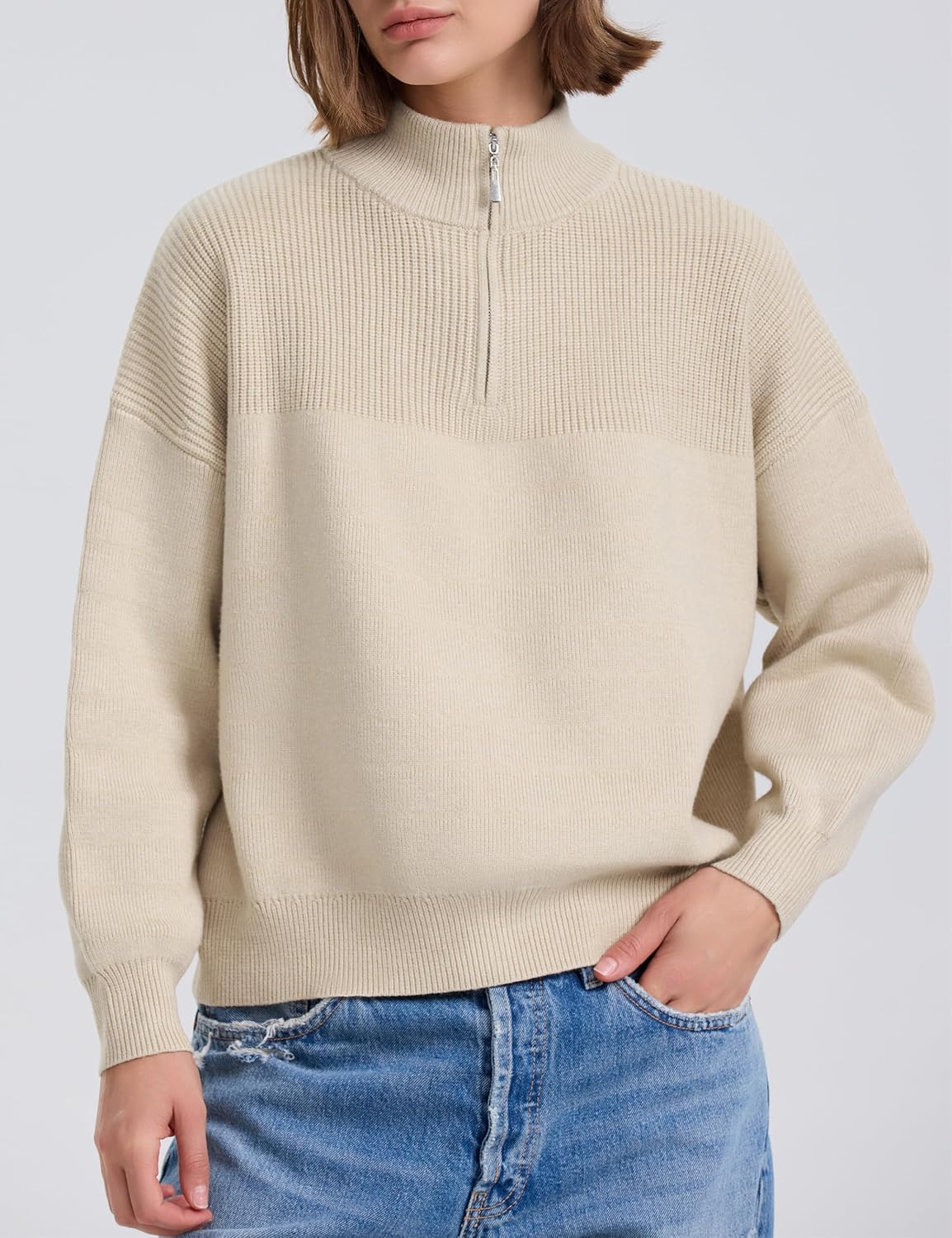 PrettyGuide Women's Long Sleeve Quarter Zip Oversized Pullover Striped Sweater Casual Mock Neck Loose Ribbed Knit Tops - Image 3