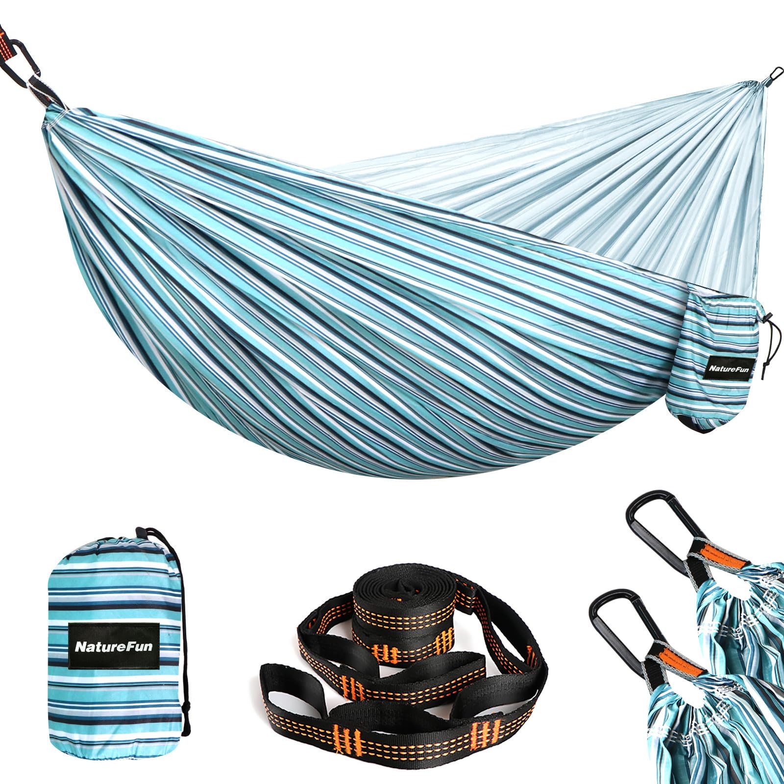 NATUREFUN Ultraleichte Reise Camping Hängematte | 300kg Tragkraft Fallschirm Nylon Atmungsaktiv, Schnelltrocknendes| 2 x Karabiner,2 x Schlingen| Drinnen Draußen Garten