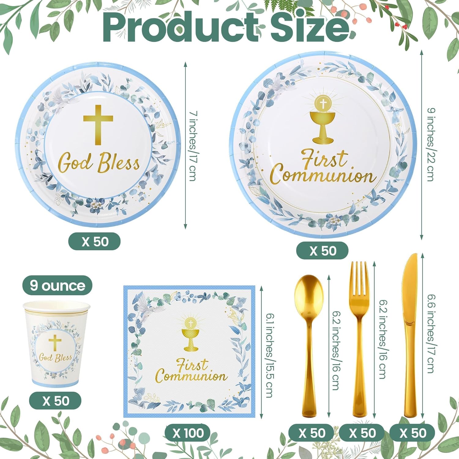 Kochorie 400 Pieces Blue First Communion Decorations, Disposable First Holy Communion Party Tableware Set with Plates Cups Napkins Cutlery Serves 50 for Baby Shower God Bless Baptism Party Supplies
