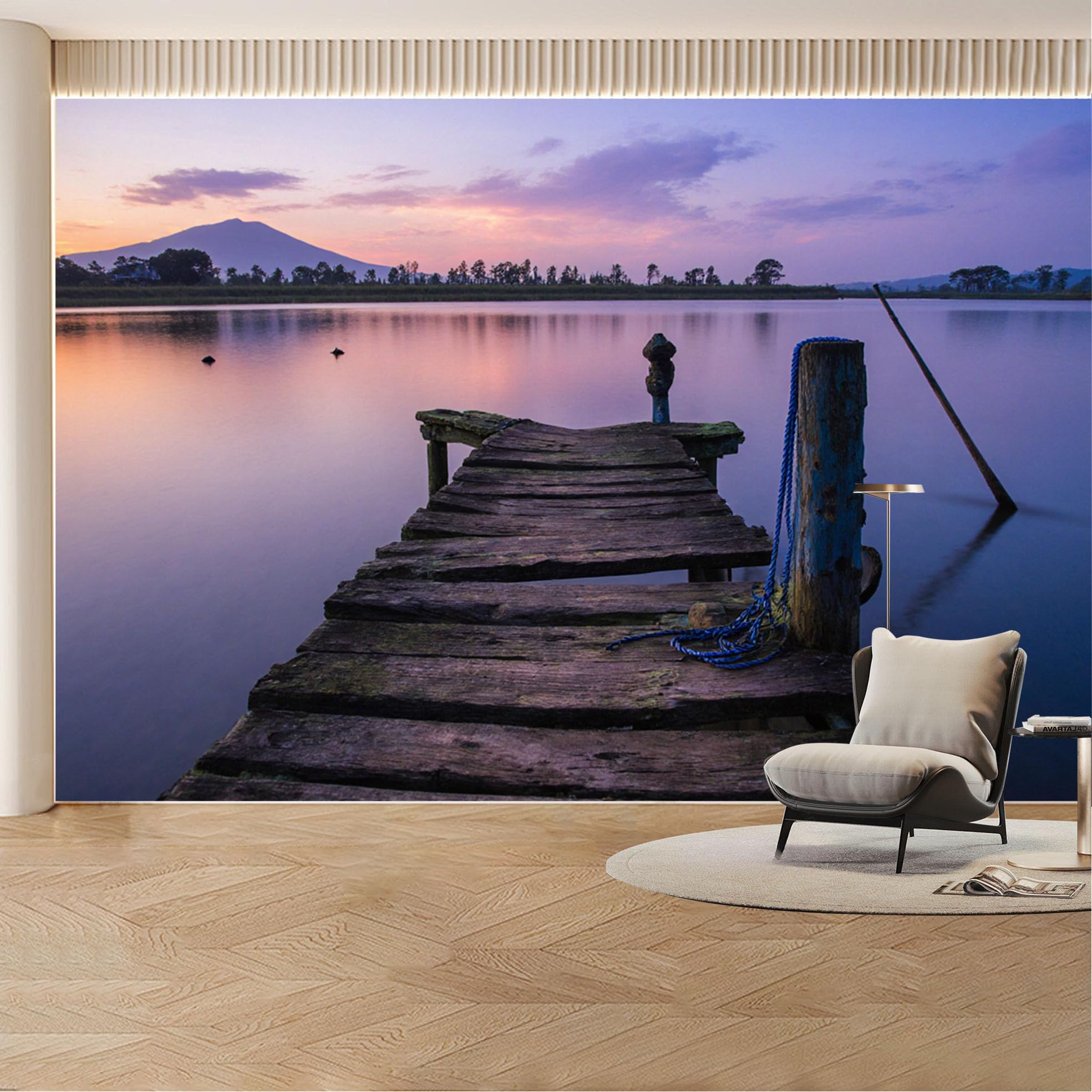 Custom Wall Mural Wallpaper Lake Pier Mountain Landscape 3D Effect Wall Decor Large Wall Art Sunset Misty Removable SelfAdhesive Large Photo for Living Room， Bedroom， Office