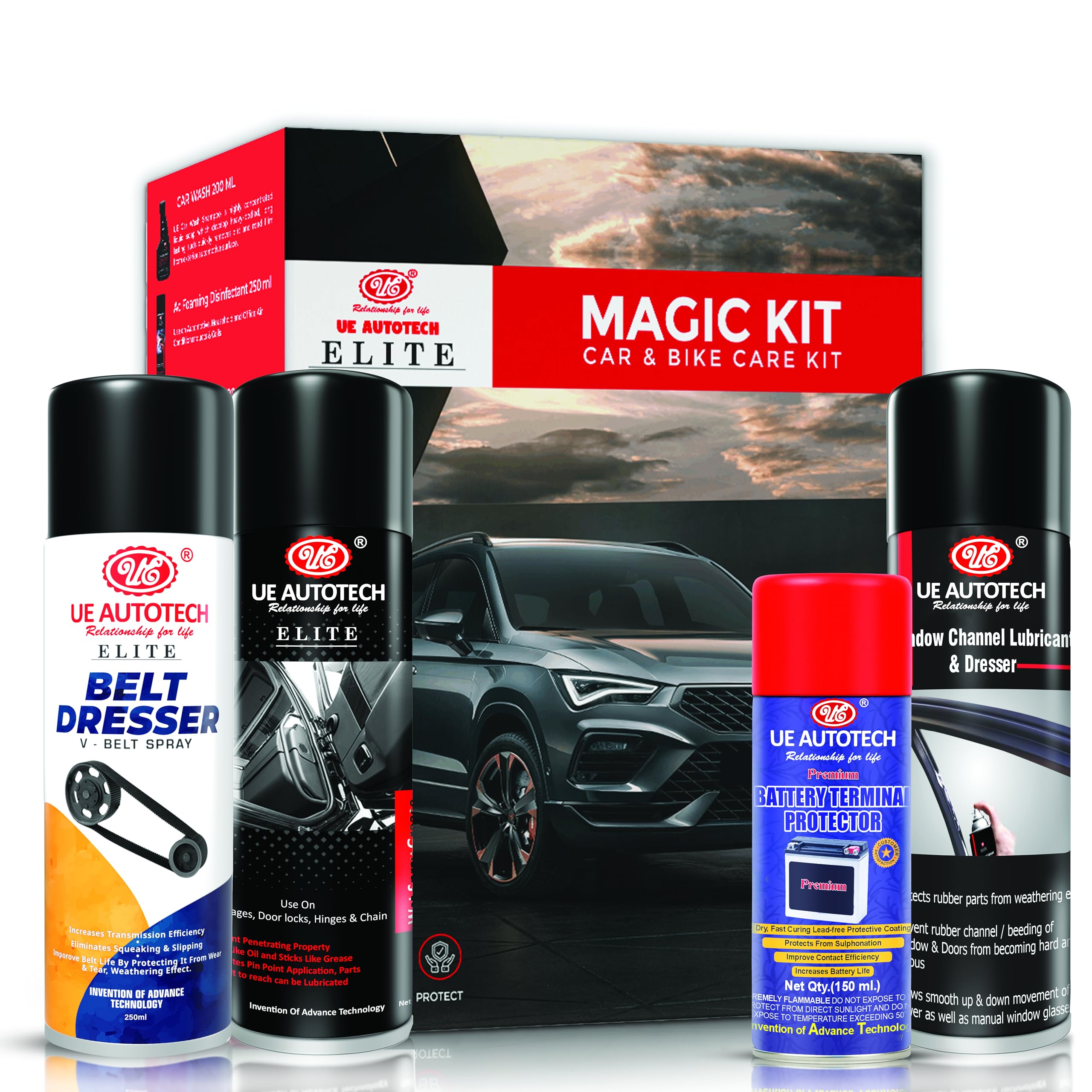 UE Elite Magic Car Care Kit - (Pack Of 4 Items of Window Channel Lubricant & Dresser, Wet Spray Grease, Belt Dresser, Battery Terminal Protector) All In One for Car Cleaning, Washing, Shining, Caring-image-38