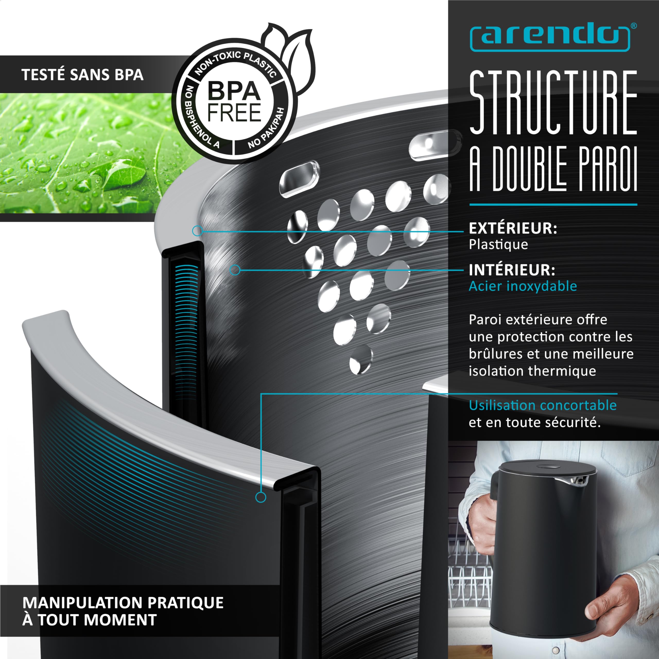 Arendo Ensembles Bouilloire et grille-pain et cuiseur à oeufs Bouilloire en inox 1,5L 40°-100°C, Toaster 4 Tranches Ecran LED 6 niveaux de brunissage, Cuiseur à oeufs 1-6 oeufs, Verre doseur Noir