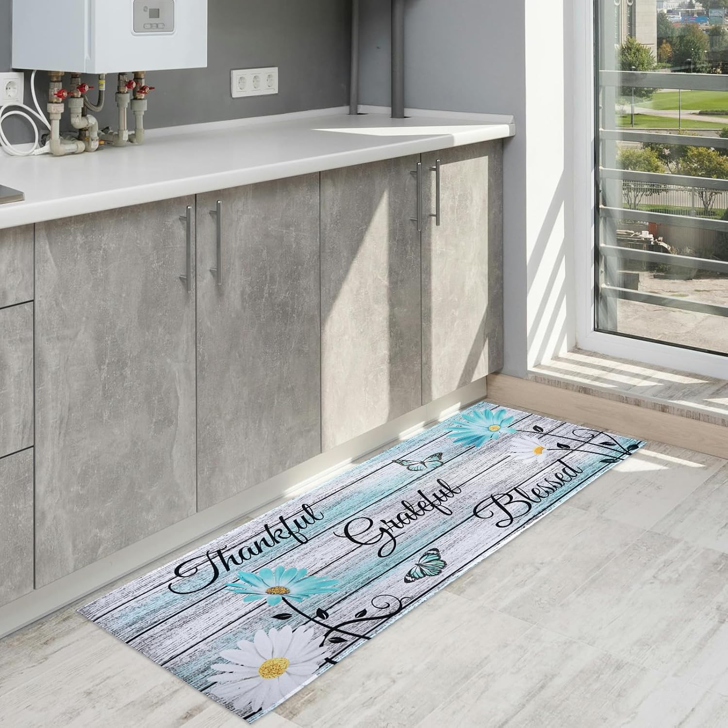 Farmhouse Kitchen Mats for Floor 3 Piece, Teal Kitchen Rugs and Mats Non Skid Washable for Kitchen Sink Floor, Floral Teal Kitchen Accessories and Decor Kitchen Mat, 17"x30"+17"x47"+17"x59"