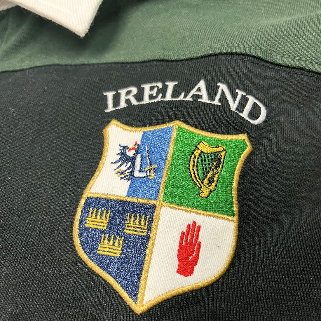 Lansdowne Four Provinces Irland Rugby Shirt, Bestickt, Grün-schwarz gestreiftes Langarm Rugby Polo