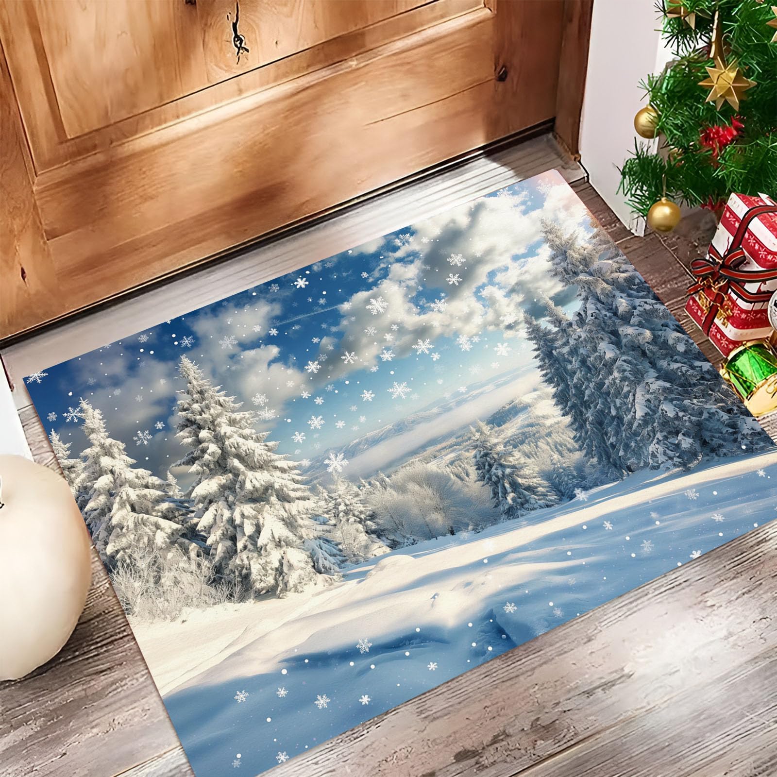Paillasson d'entree interieur 40x60 cm lavable et bleu fonce motif foret de flocons