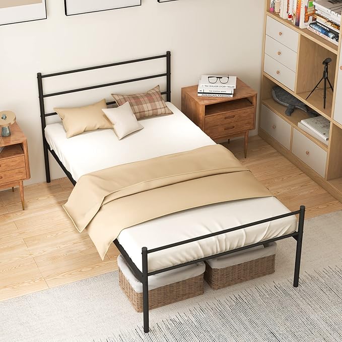COSTWAY 3FT Single Bed Frame, Metal Platform Bed Base with Headboard