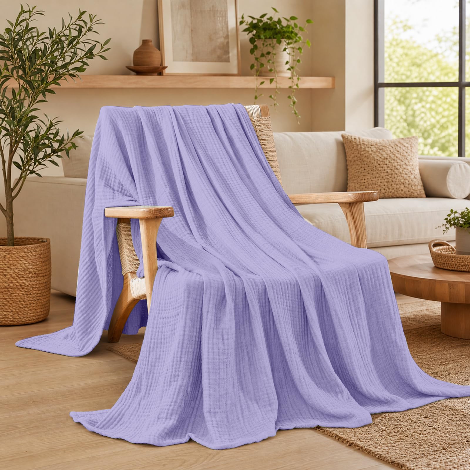 Manta de Muselina de 150 x 200 cm,100% Algodón,Manta Suave de Verano de 6 Capas,Plaid Sofa,Colcha de Muselina,Edredón para Cama y Sofá,Plaid Cama para Todo el Año(Lavanda Violeta)