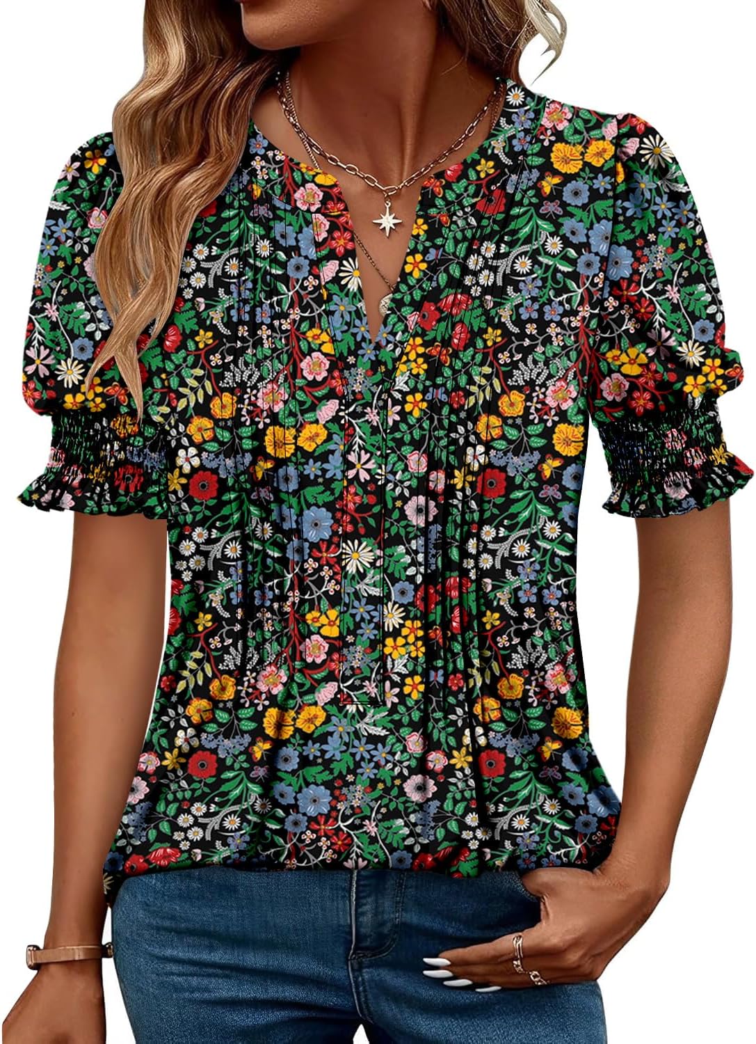 CRAZY GRID Women's Dressy Casual Top Puff Sleeve Summer Shirt Loose Trendy Pleated Blouse