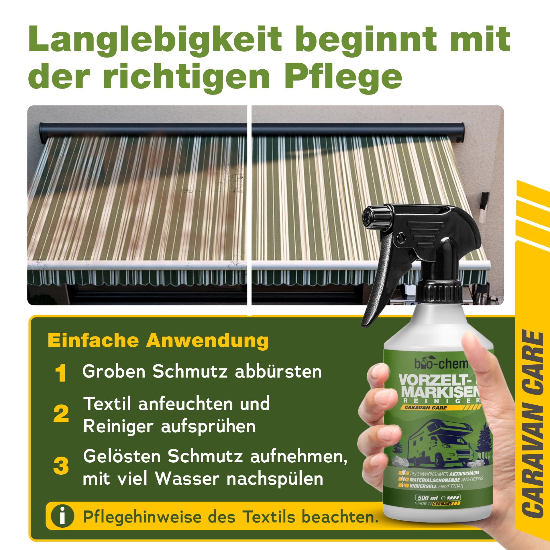 bio-chem Środek do czyszczenia markiz i dachów, 3 x 0,5 l | Produkt do mycia namiotu, markizy kempingowej, przyczep kempingowych i namiotów dachowych - wyprodukowane tkaniny