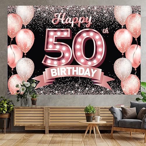 Miniatura 5 de Cartel de feliz cumpleaños número 50 de oro rosa con texto en inglés Cheers to 50 años de confeti globos temáticos decoraciones para mujeres de 50