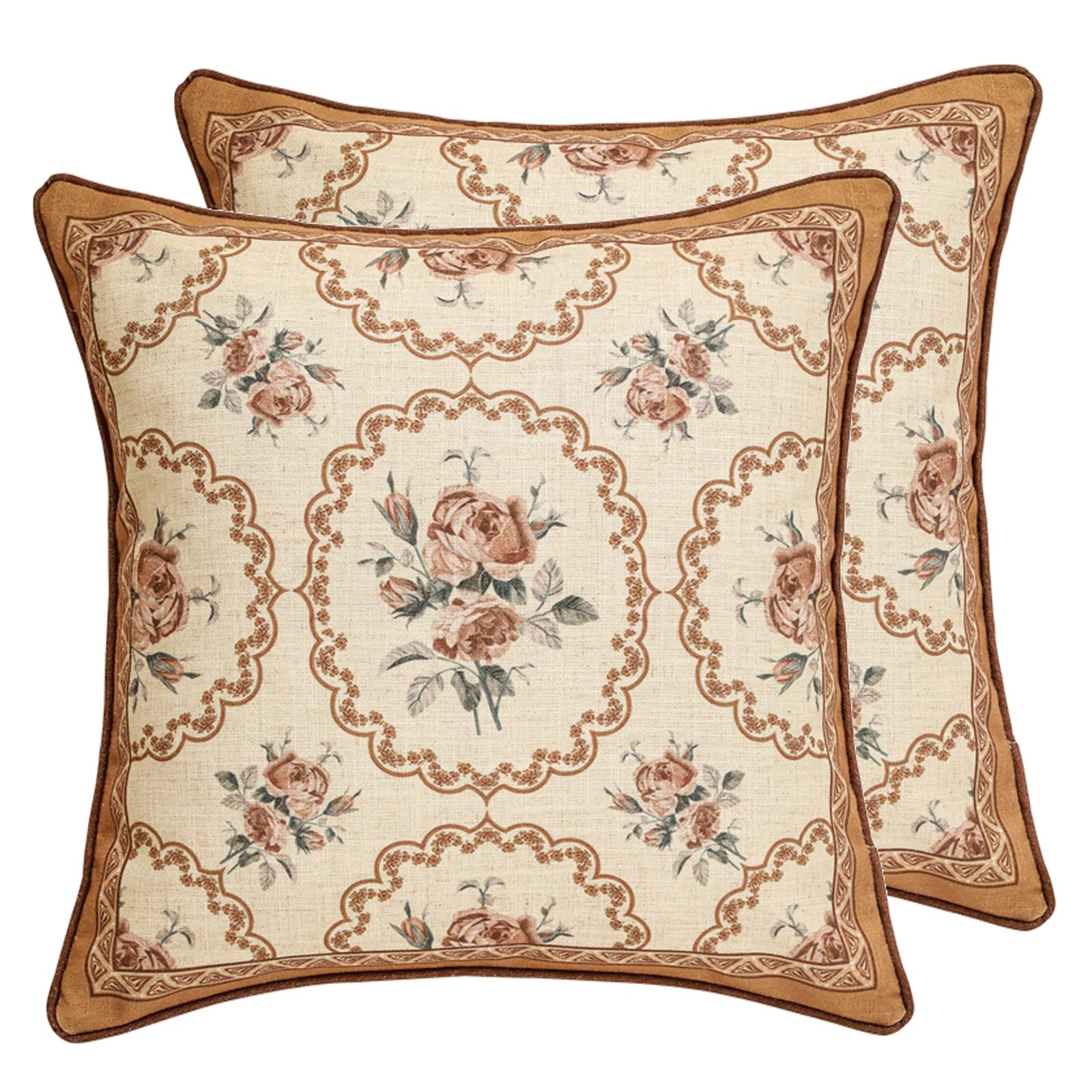 patdrea Designer Vintage Floral Throw Pillow Covers for Couch Set of 2,Brown Linen Pillowcases with Bird and Rose Pattern Decorative Square Cushion