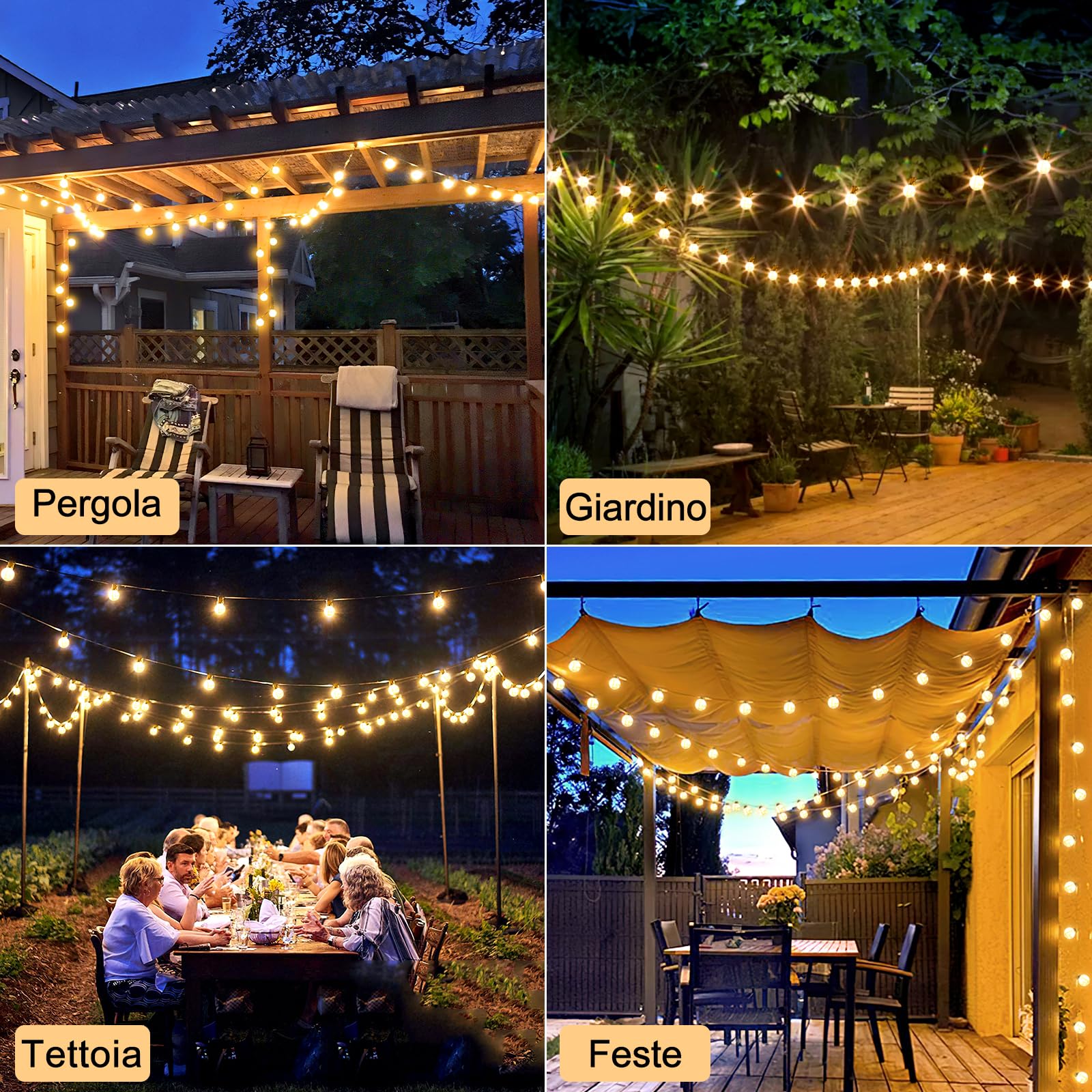 Catena Luminosa Esterno Luci Giardino - 60M G40 Led 60+2 Lampadine Esterno Filo Luce Calda Impermeabili con Telecomando Luci Per Gazebo da Esterno Decorative Campeggio Matrimonio per Balcone Terrazzo