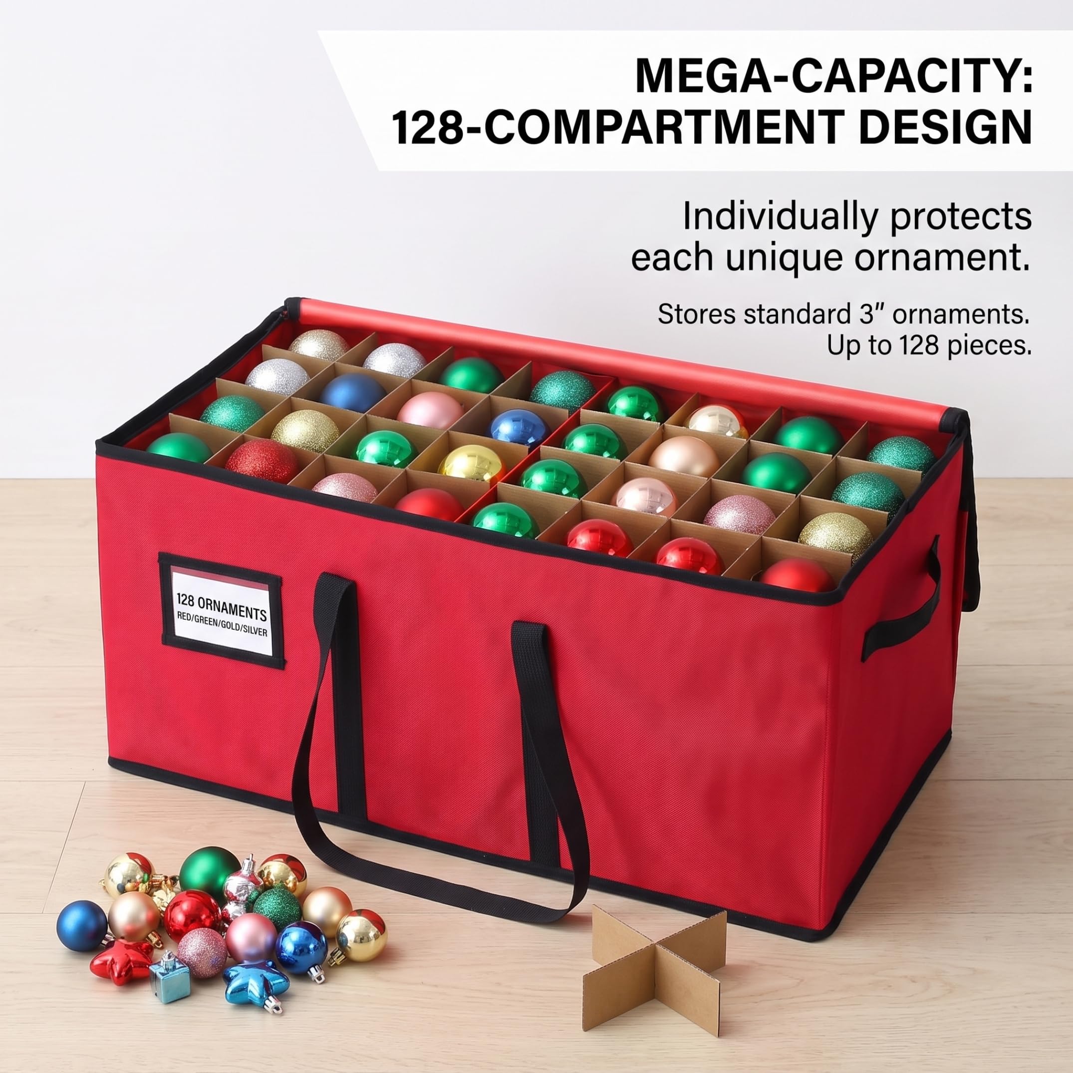 Organizador de adornos navideños con 128 compartimentos y asa, color rojo