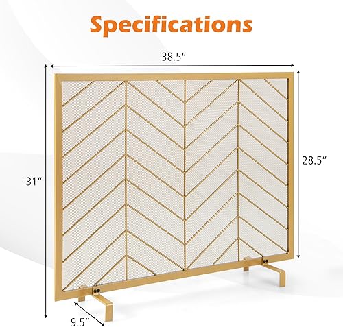 Miniatura 6 de COSTWAY Pantalla de chimenea de un solo panel, 38.5 x 31 pulgadas, hecha a mano, malla de hierro forjado, protector contra chispas de fuego con