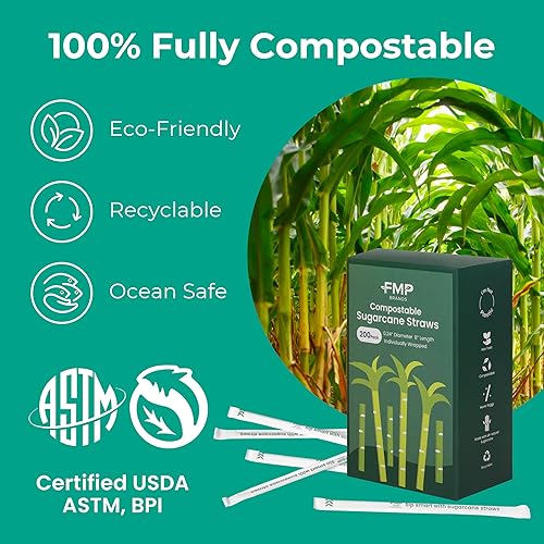 Miniatura 4 de Paquete de 200 popotes desechables biodegradables de 8 pulgadas envueltos individualmente, popotes 100% compostables a base de plantas, popotes