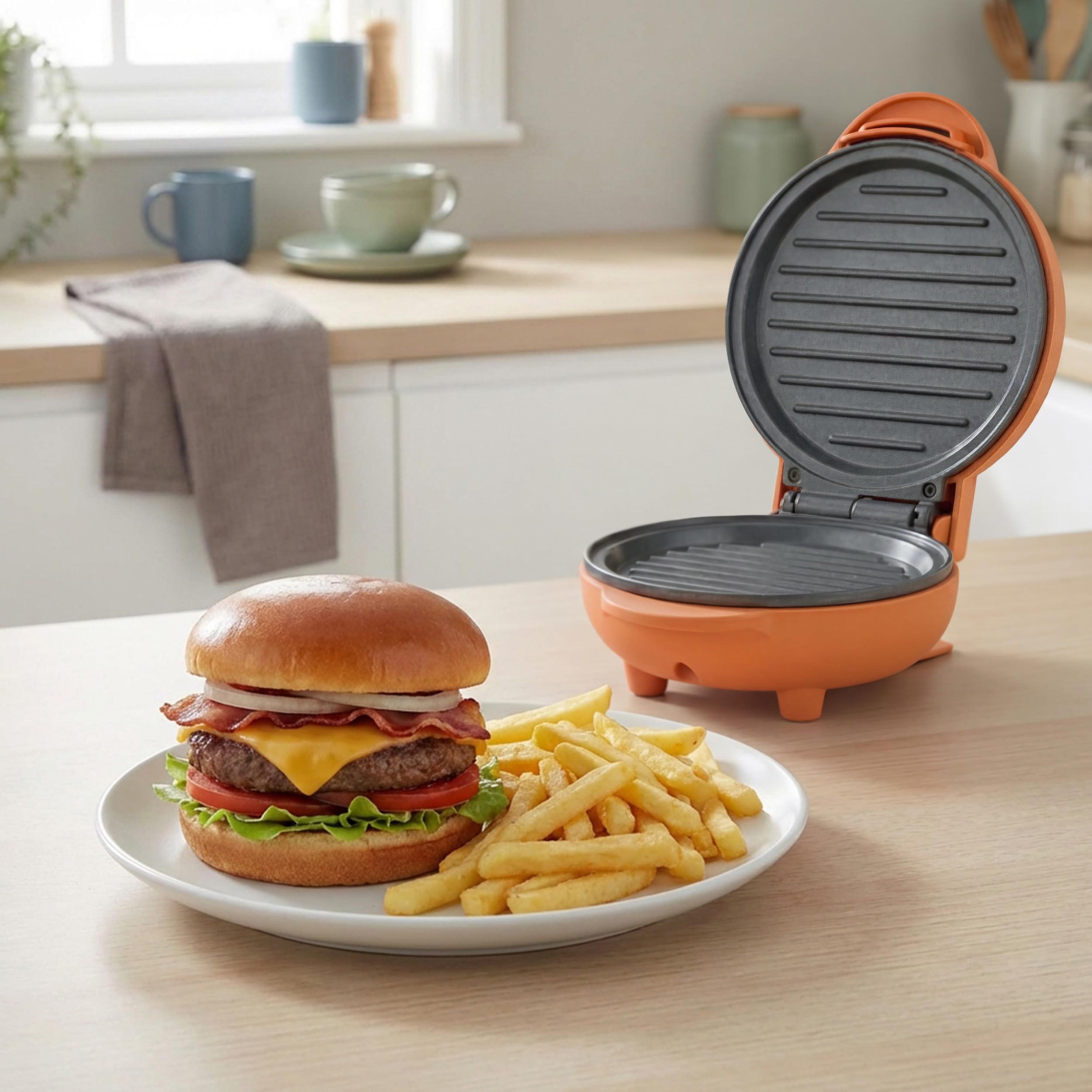 Giles & Posner Funfair Mini Griddle – Bez PFAS, nieprzywierające płyty do gotowania, gotowanie bez oleju, burgery, panini, muffiny śniadaniowe, 2 minuty nagrzewania, 11,5 cm, 55W, pomarańczowy