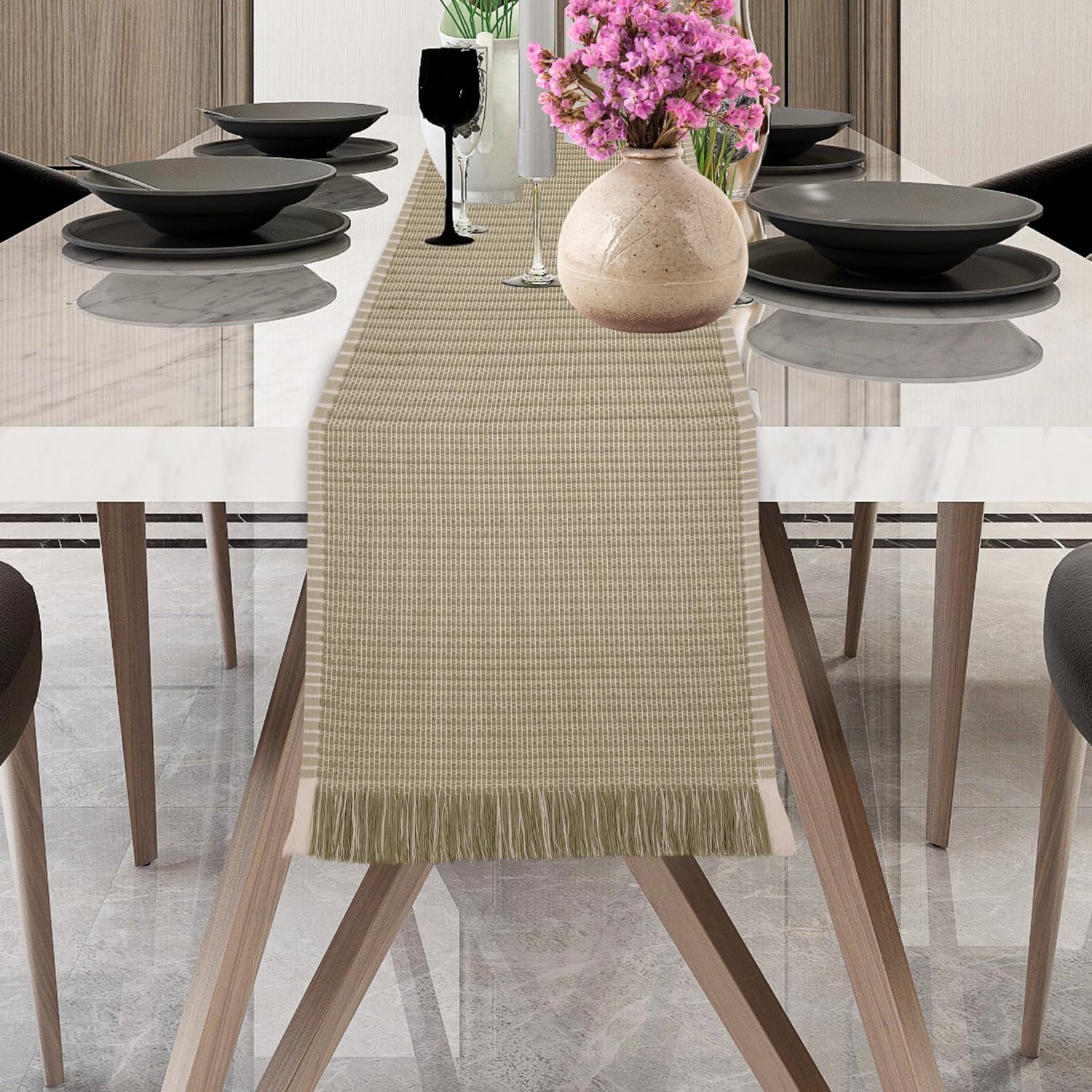 Arbor Stitch Woven Cotton Table Runner 16x80 Inch, 100% Cotton, Sage, Dining Table Centerpiece for Kitchen, Living Room, Farmhouse, Boho Decor, Holiday & Everyday Party Decor, Rustic Home