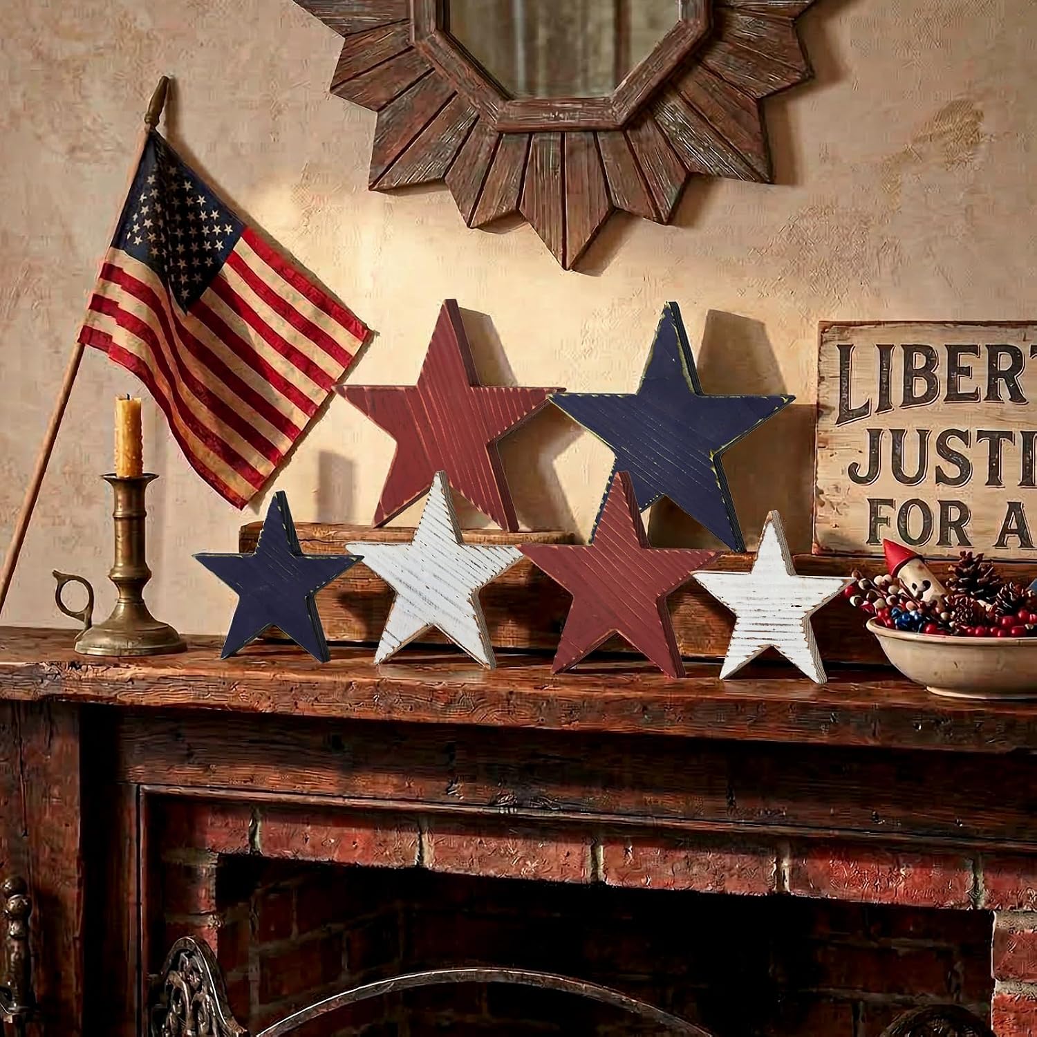 4th of July Decorations: 6pcs Patriotic Decor Wooden Star, Vintage Rustic Red White and Blue Decorations Wood Block, Farmhouse Memorial Day Table Decorations for 250th Anniversary Independence Day
