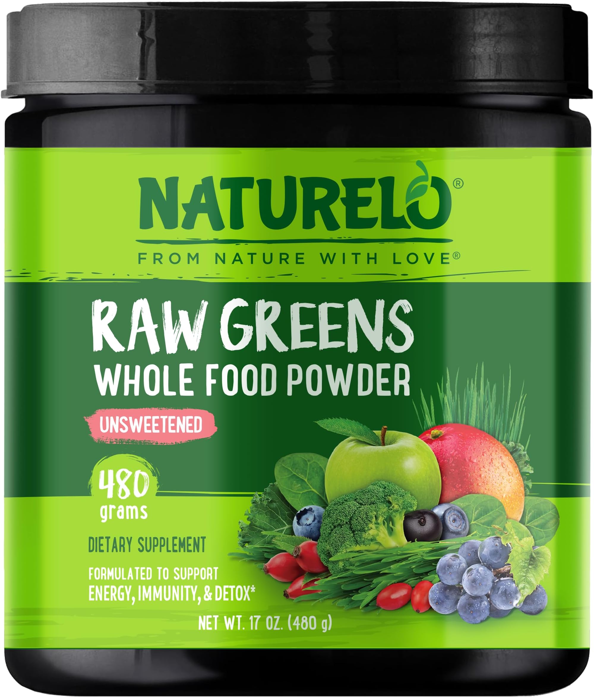 - NATURELO Raw Greens Superfood Powder - Unsweetened - Boost Energy, Detox, Enhance Health - Organic Spirulina - Wheat Grass - Whole Food Nutrition from Fruits & Vegetables - 480 Grams