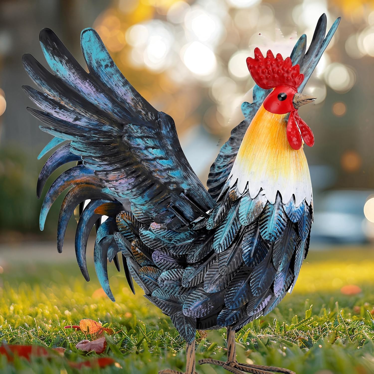 Handmade Multicolor Metal Rooster Garden Statue