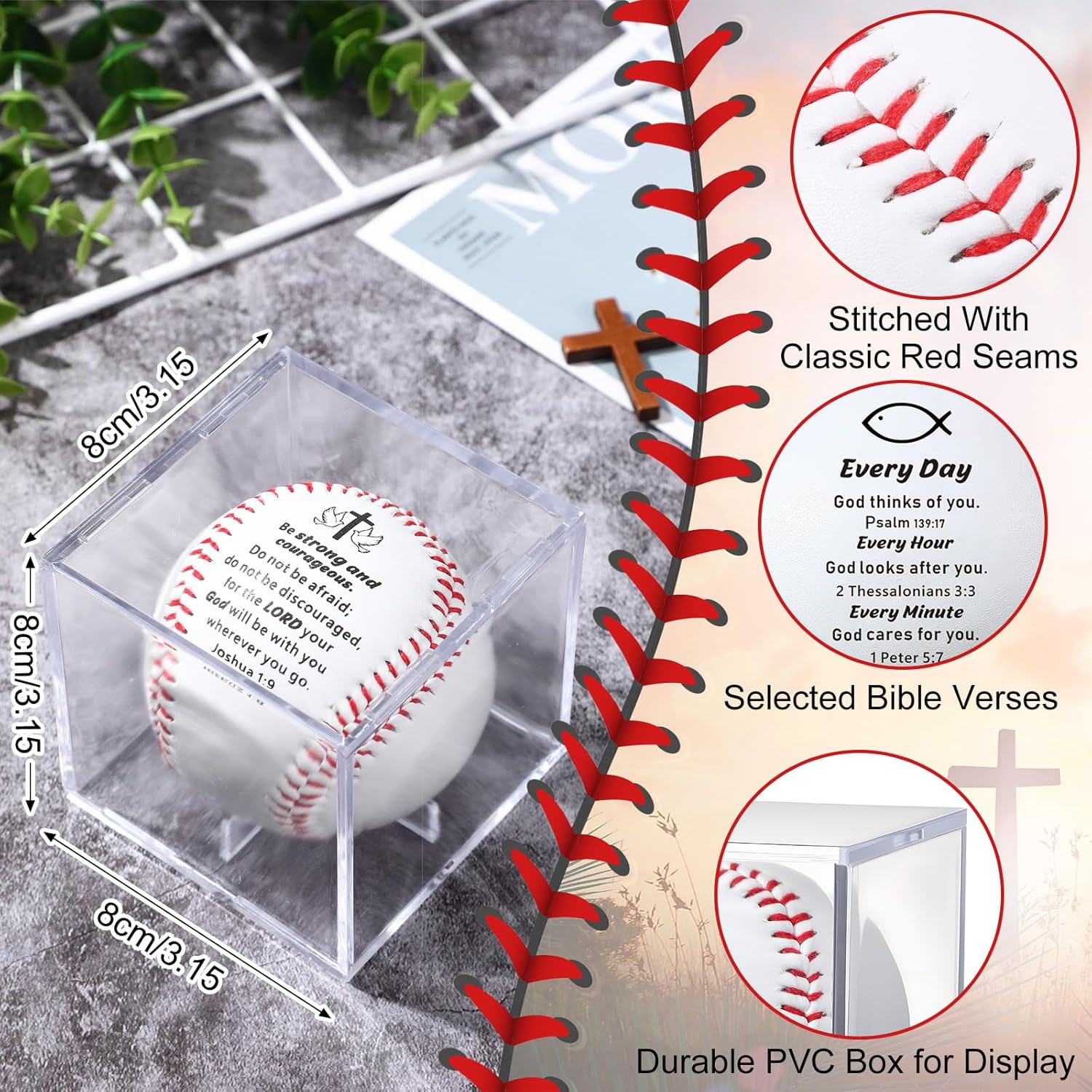 Kinlop 4 Pack Religious Baseball Gift with Display Case, Baptism First Communion Confirmation Gifts with Inspirational Bible Verse Baseball Senior Night Gifts for Teen Godson Goddaughter Team