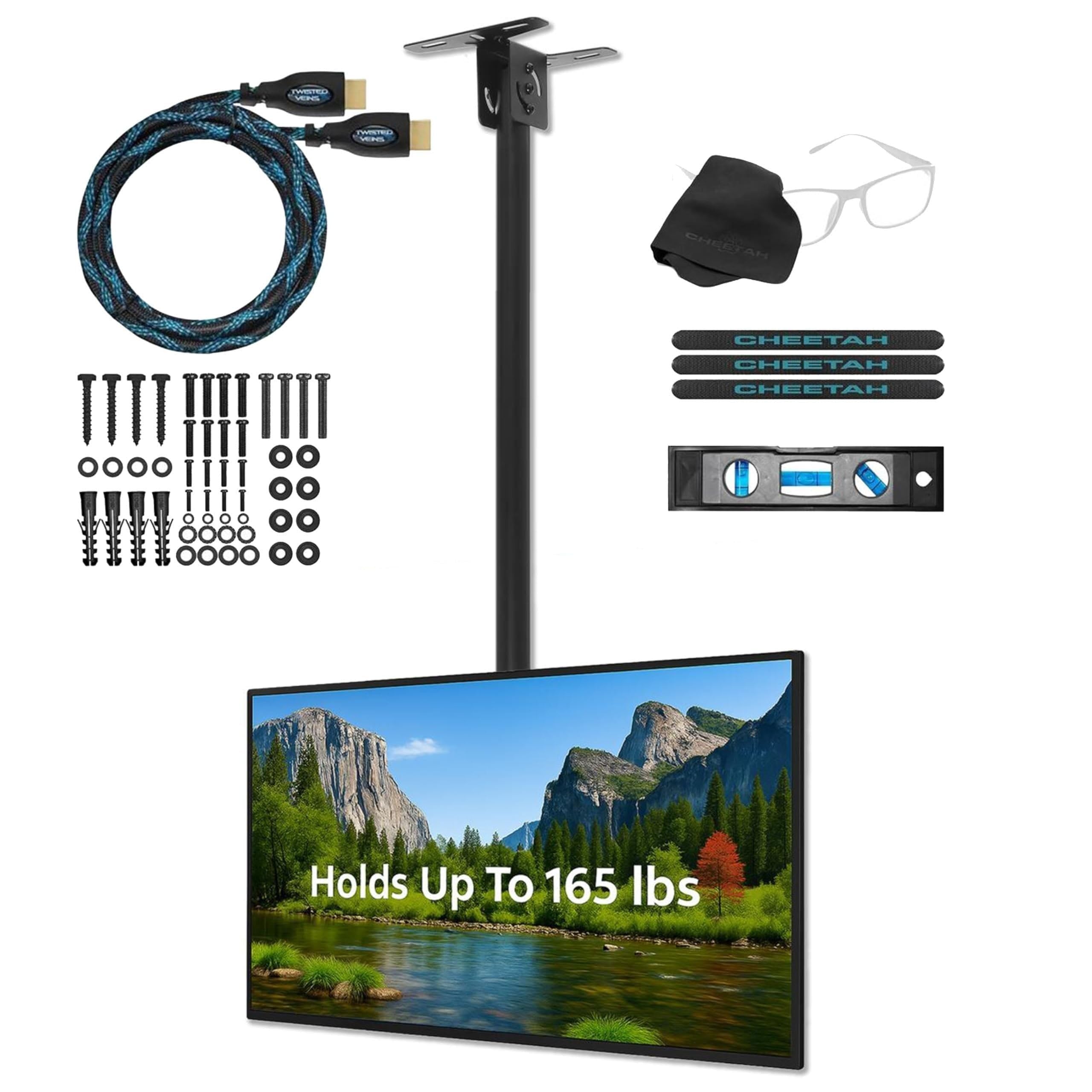 Cheetah Ceiling TV Mount for 32-75” Inch TVs, Max 165lb, VESA 600 and Full 64" Extension Supports Newer Displays up to 100", Bracket Mounts Flat, Vaulted or in-Ceiling, 360 Swivel and 15 Degree Tilt, Similar*