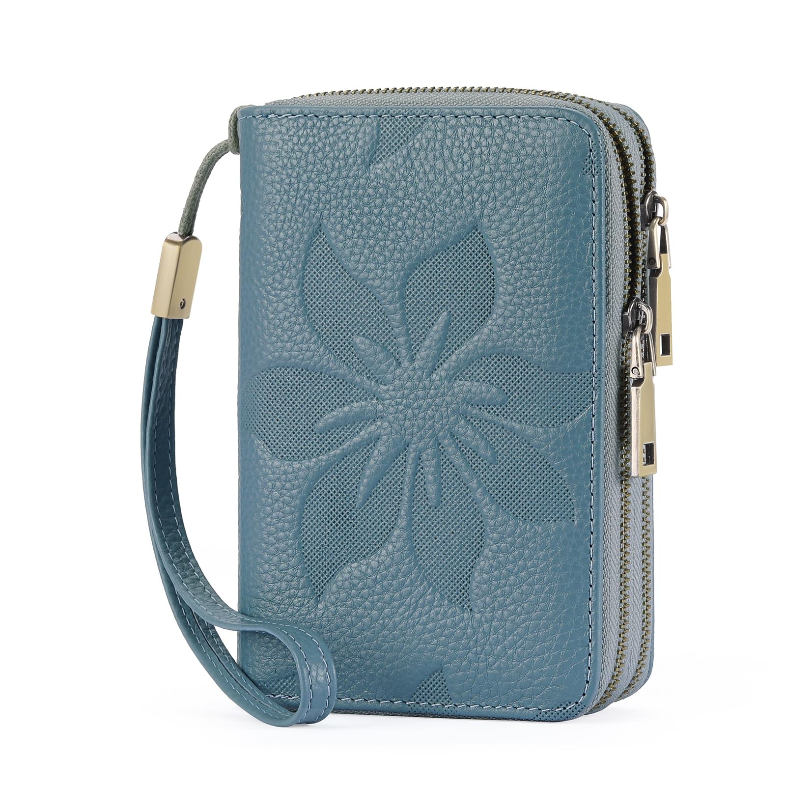 GOIACII Women's Wallet Double Zip Around Credit Card Holder Ladies Wallet Rfid Blocking Wristlet Purse Medium Size Leather Blue