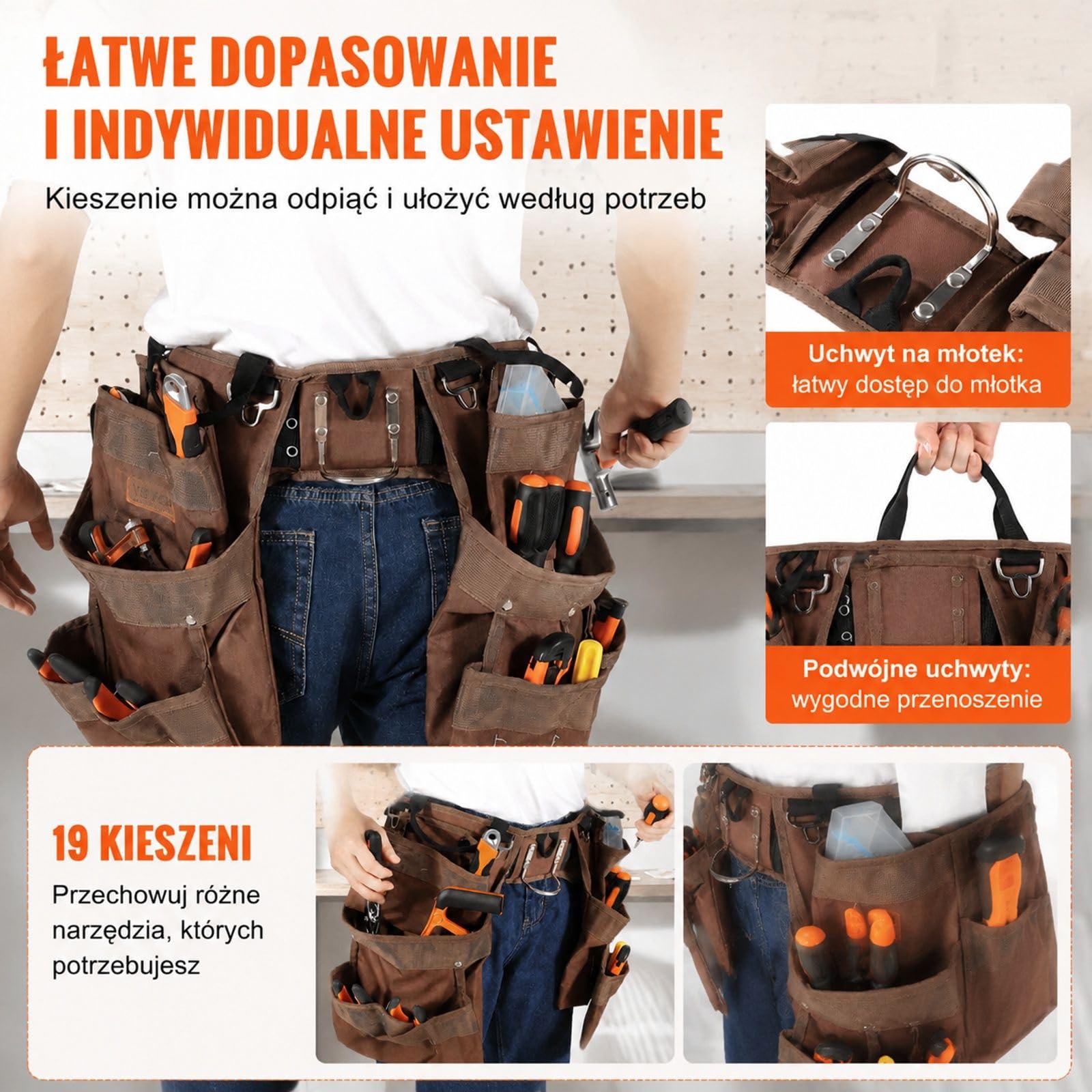 Pas narzędziowy stolarski z torbą budowlaną, 19 kieszeni, do prac ciesielskich i remontowych