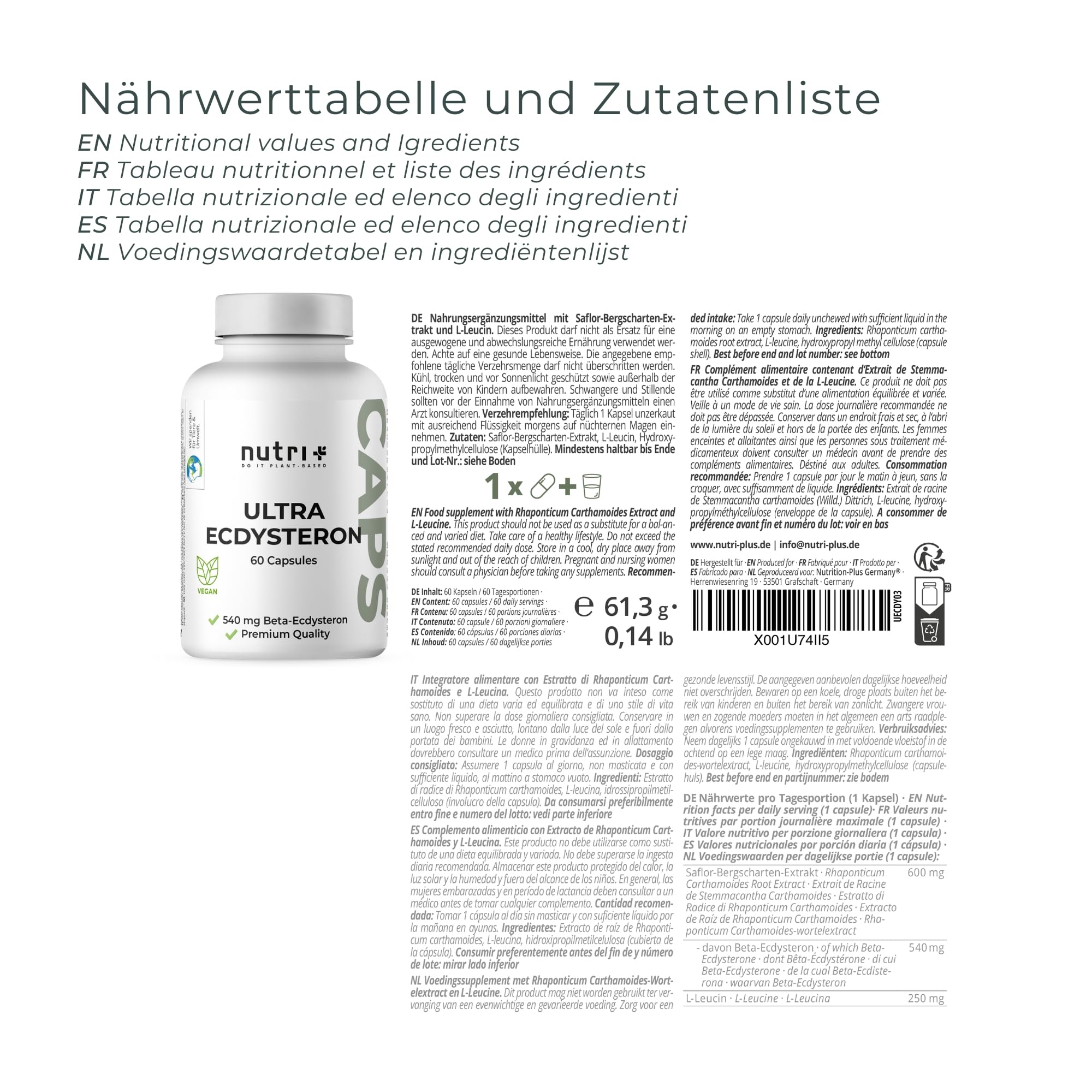 Nutri + Ultra Ecdysteron + Leucin Kapseln hochdosiert - 790 mg Wirkstoff Komplex pro Kapsel - 540 mg beta Ecdysterone 90% 250 mg L-Leucin Pulver vegan