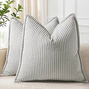 decorUhome Corduroy Grey Throw Pillow Covers 22x22 Set of 2 Decorative Soft Boho Striped Neutral Euro Farmhouse Couch Pillow Cases with Broadside for Living Room Bed Sofa
