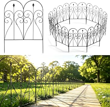 10 Panels Decorative Garden Fence, 81cm H x 6m L No Dig Metal Fence Panels