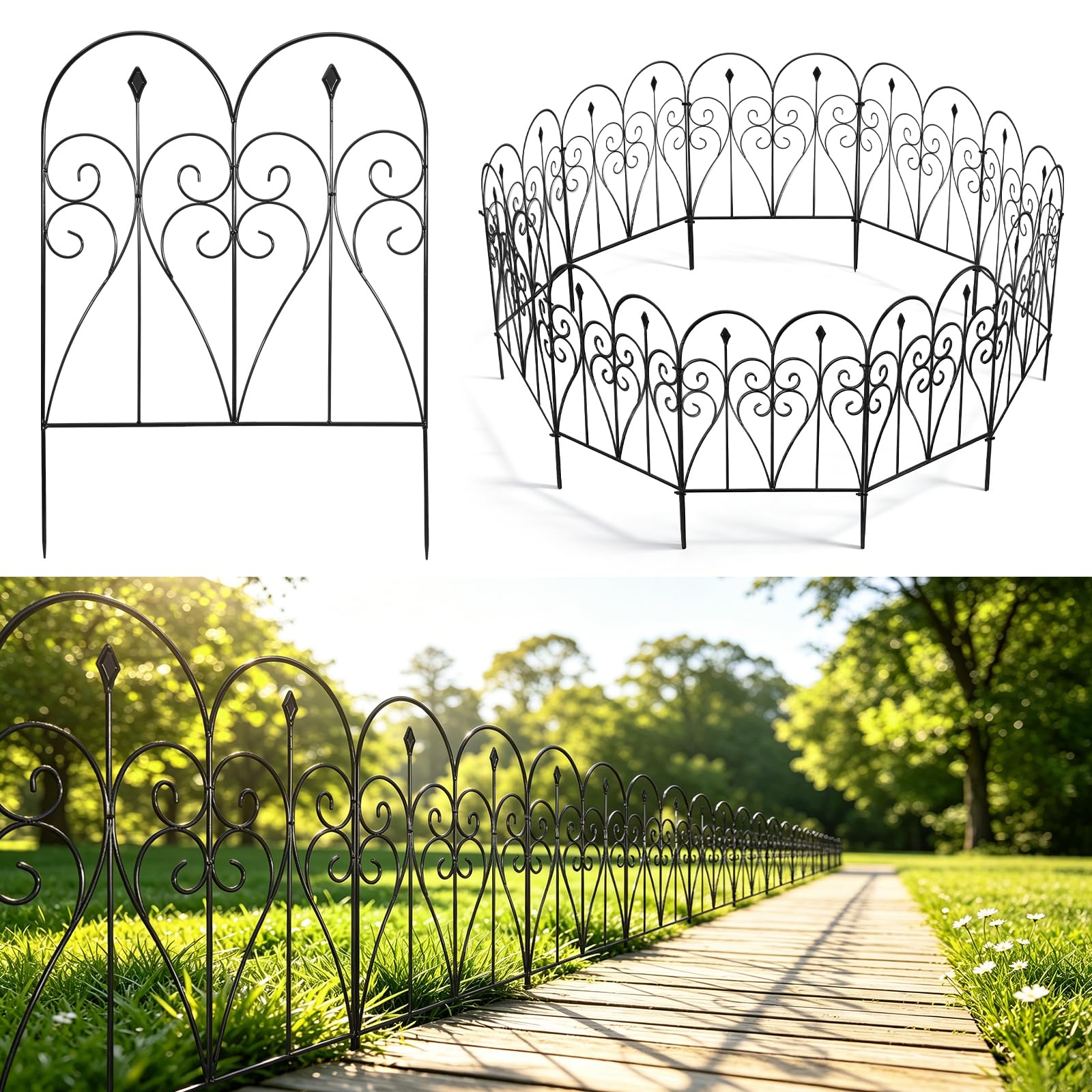10 Panels Decorative Garden Fence, 81cm H x 6m L No Dig Metal Fence Panels
