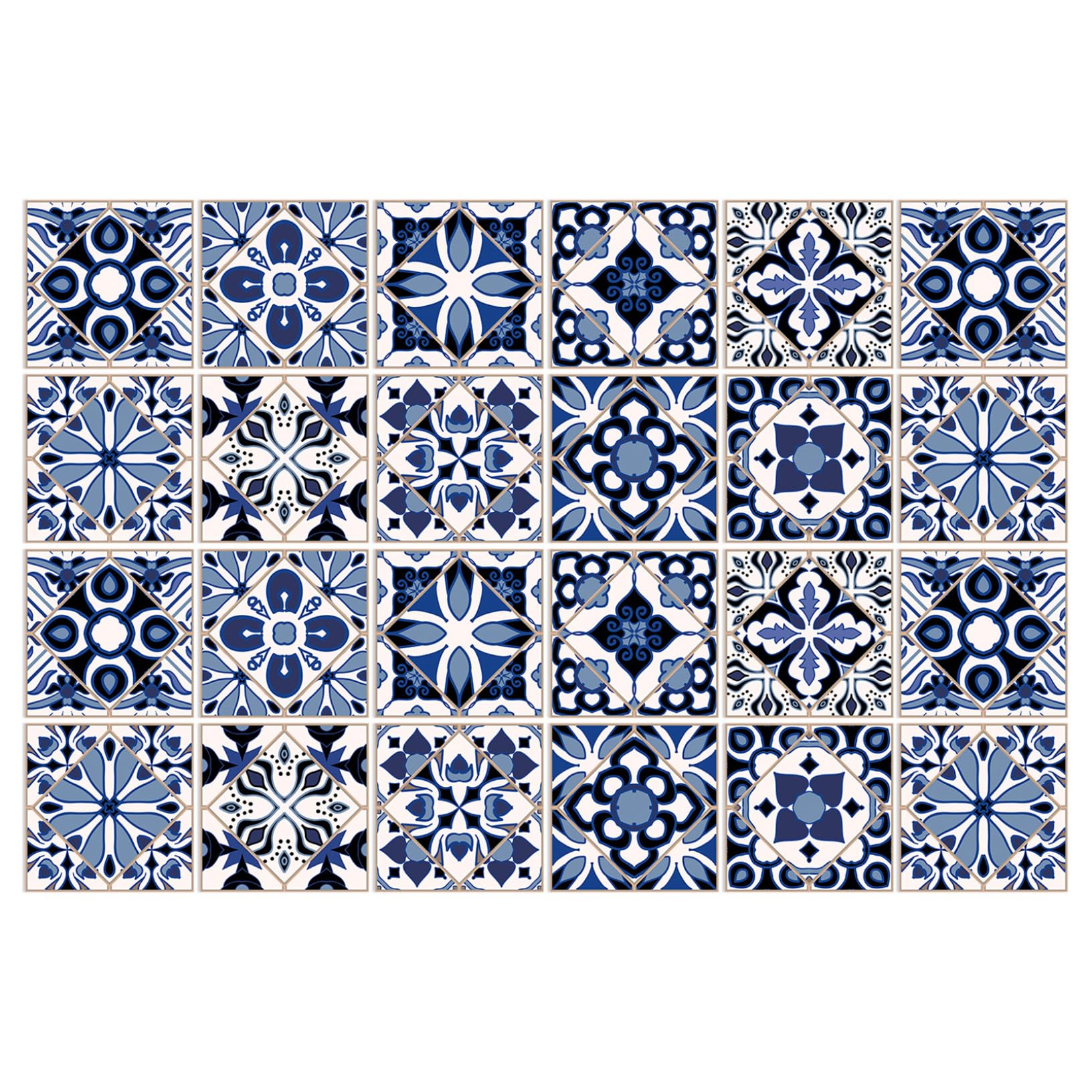 CAKEEYUM 24Pcs Peel and Stick Tile Blue Moroccan Style Tile Stickers Self Adhesive Sticker Waterproof PVC Reusable Peel and Stick Backsplash for Kitchen Bathroom Home, 8x8 Stickers an