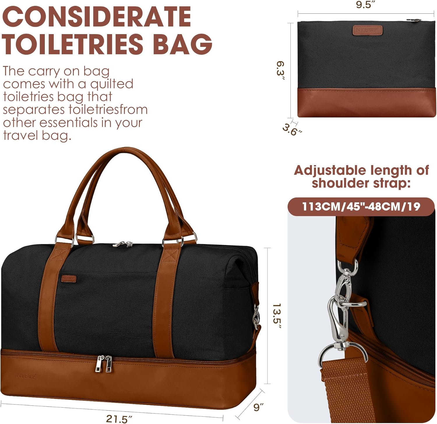 Oeihuivt Weekender Bags for Women - 21 Inch Large Travel Duffel Bag 2-Piece Set with Shoe Compartment, Heavy-Duty Canvas Leather Carry On Overnight Tote - Image 6