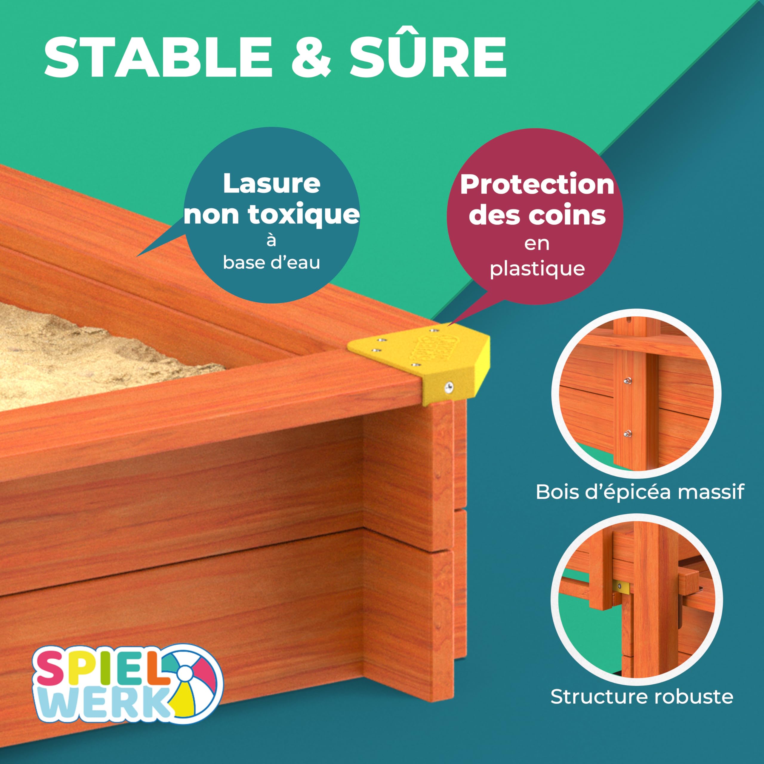 SPIELWERK® Bac à Sable en Bois Merle 143x130x130cm Aire de Jeux cabane Protection UV 50+ Jeu pour Enfants extérieur Jardin