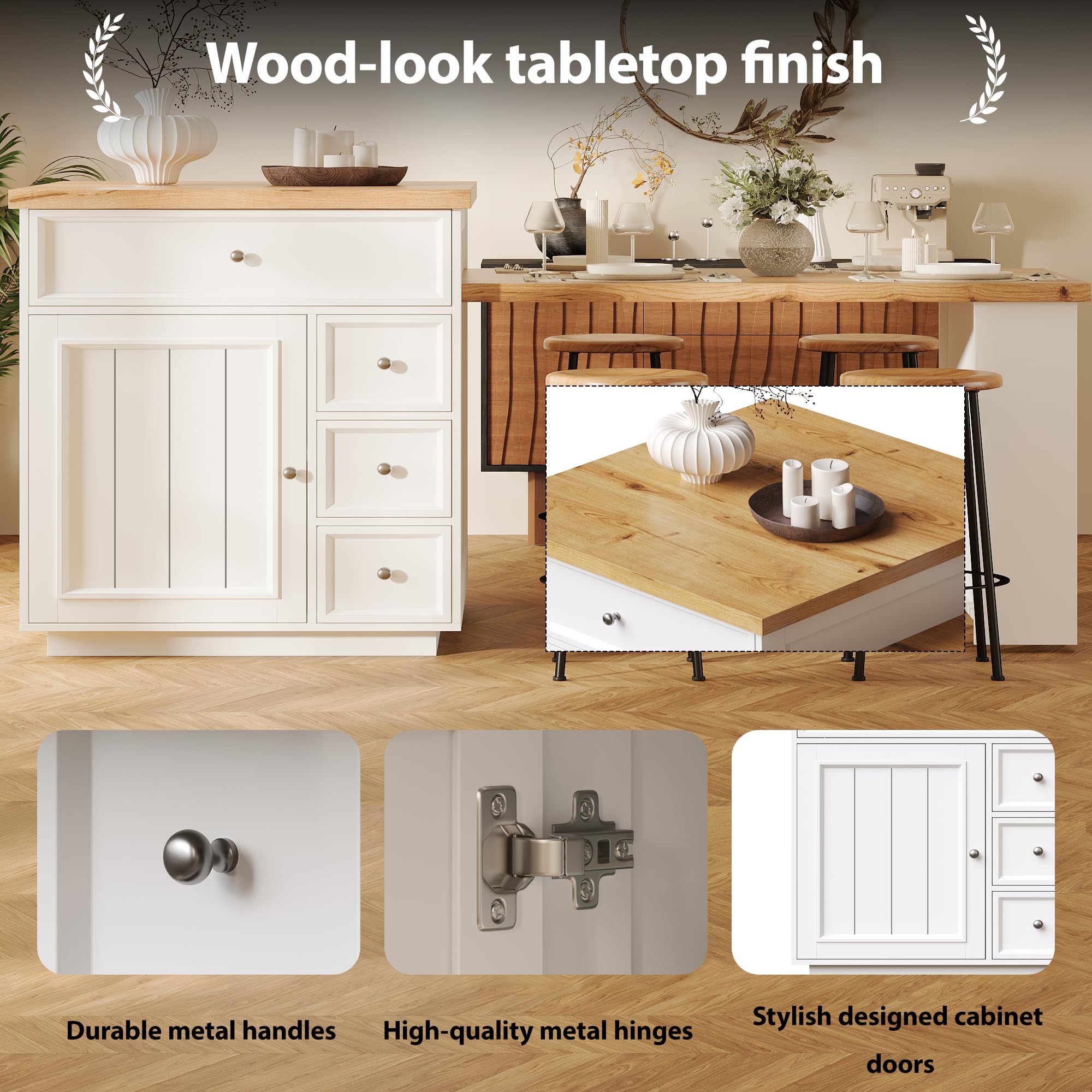 Isola da cucina estensibile (120-184 cm) con cassetti e ruote, isola da cucina mobile con piano in effetto legno, isola da bancone versatile per cucina, sala da pranzo e bancone da bar