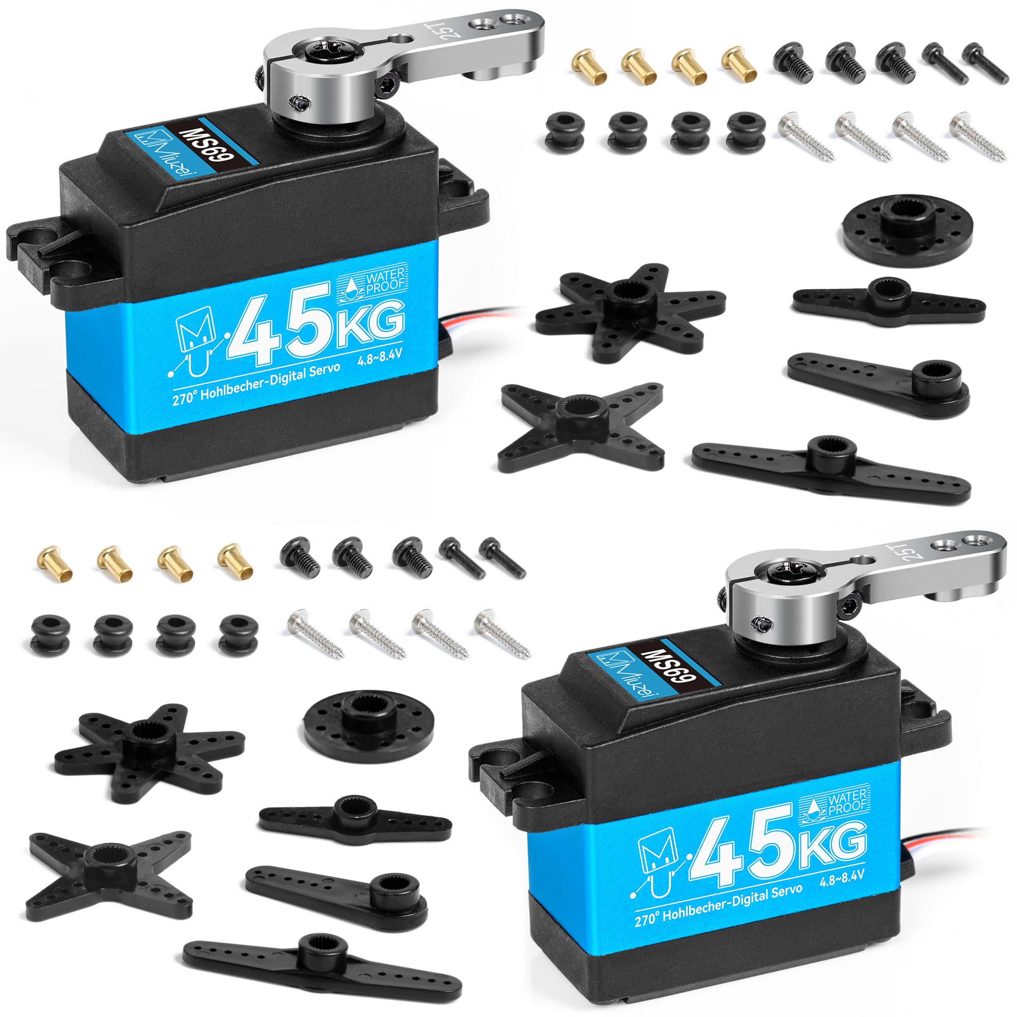 Miuzei 45kg Digital RC Servo 270° Servomotor Metall Getriebe für Auto Modellbau Car 1/10 1/8 Robot Arm Flugzeug 8,4V High Speed Torque Wasserdicht Servo+Motor Lenkservo mit 0.5M Kabel 25T Horn