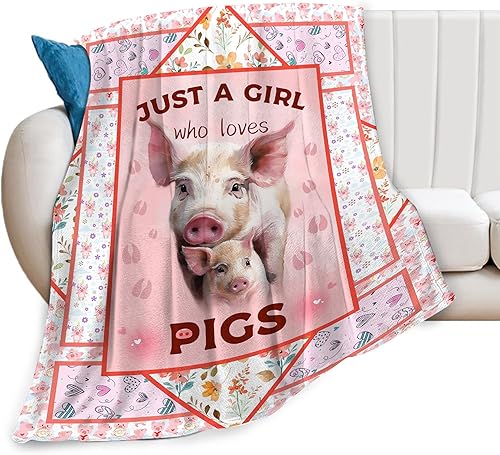 Manta de cerdo lindo con texto en inglés Just A Girl Who Loves Pigs Manta de forro polar ultrasuave y acogedora para regalo de animales de flores,