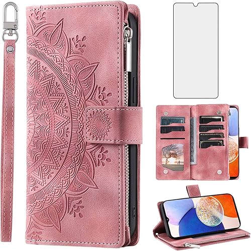 Miniatura 7 de Asuwish Funda para teléfono Samsung Galaxy A14M14 5G con protector de pantalla de vidrio templado y correa para la muñeca Mandala Flower Flip Zipper