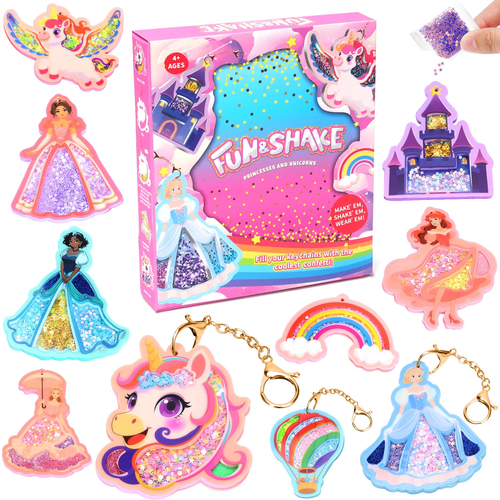 WhizWinks Glitter Arts and Crafts Kits for Kids - Mess-Free DIY Shake Keychain Making Craft Kit, Unicorn & Princess Toys, Travel Activity Birthday Gifts for Girls Age 4 5 6 7 8 9 10 Years Old