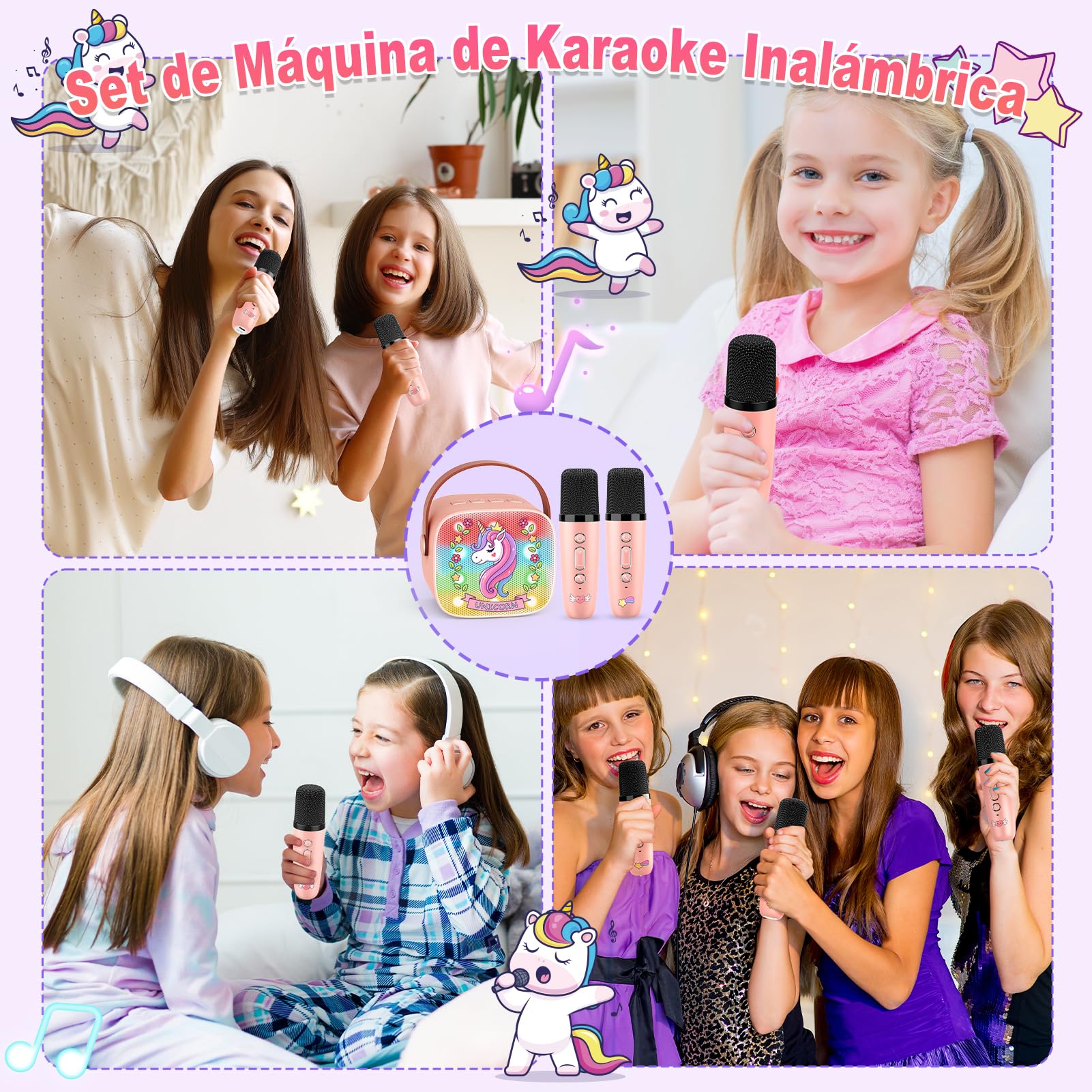 Dislocati Karaoke Infantil 2 Microfonos Inalambricos Karaoke, Unicornios Regalo para Niñas 3-12 Años Micrófono Inalámbrico Bluetooth para Cantar Juguetes Niña 3-12 Años Microphone Regalo Navidad Niña