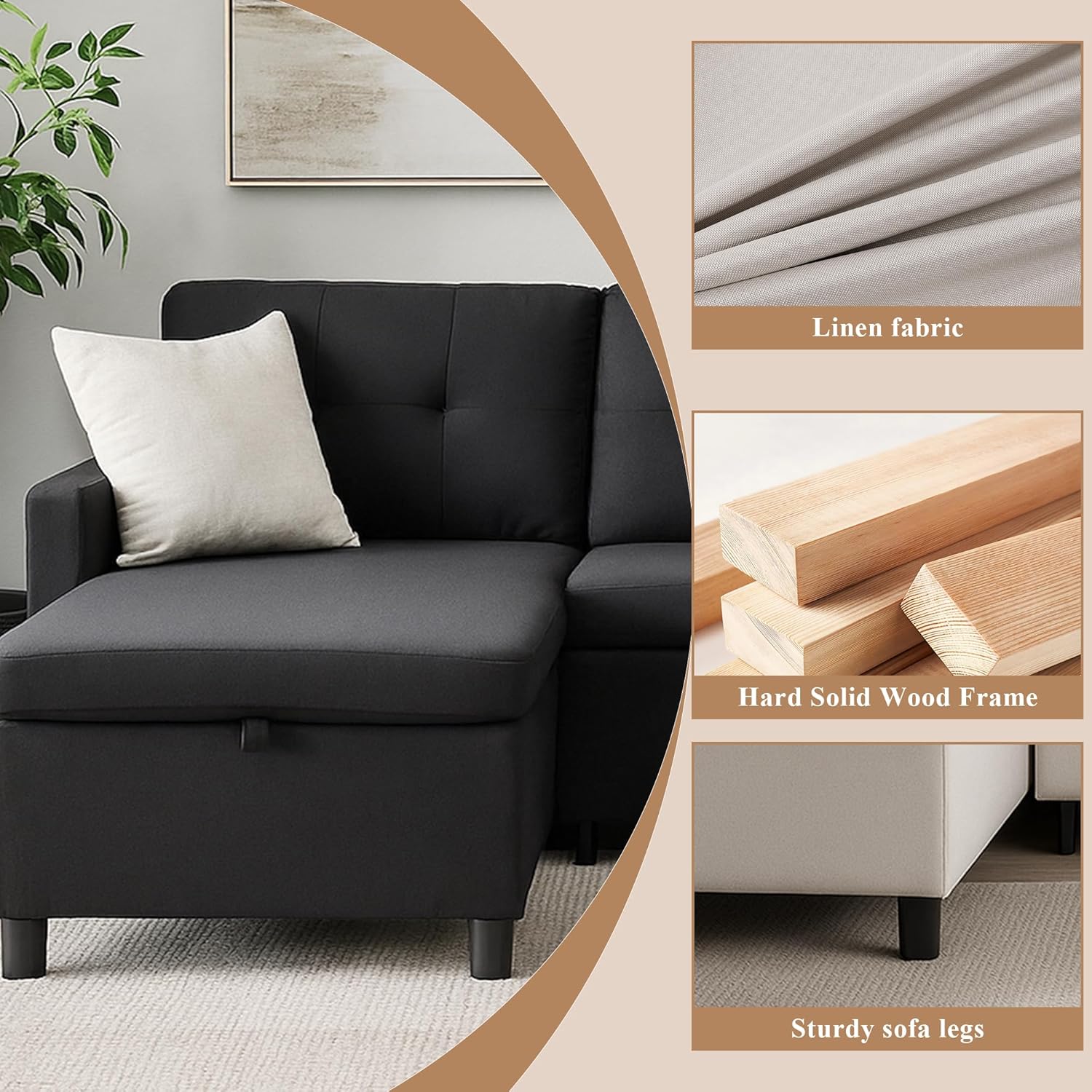 Sleeper Sofa Couch, Oversized Pull Out Couch Bed with Storage Chaise, Sectional Sleeper Sofa Bed for Living Room (Black, Double Chaise)