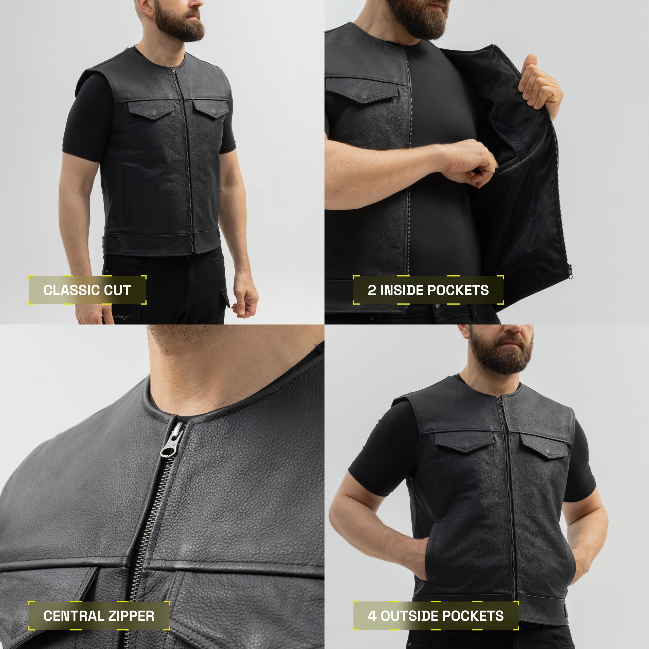 BROGER Blade Gilet da moto Uomo | Pelle | Spazio per stemmi e distintivi del club | Cerniera centrale | 6 tasche | Taglie fino alla 10XL