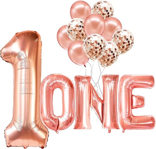 Miniatura 1 de KatchOn, Globos de oro rosa con el número 1, paquete de 12, un globo, oro rosa, globo número uno, globos de cumpleaños para decoración de primer