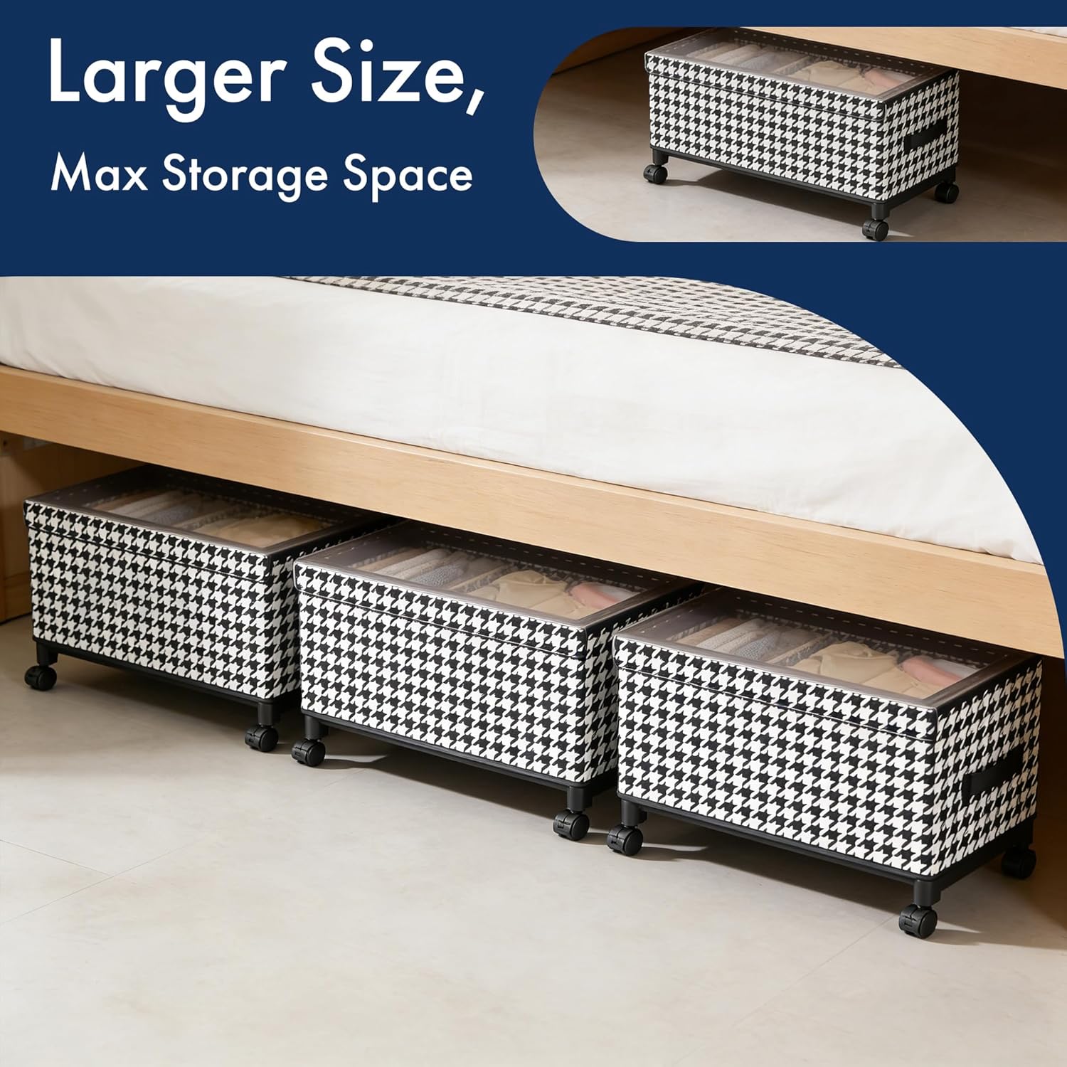 Under Bed Storage with Wheels, 65L Adjustable Underbed Bins 30.3×11.4×11.8" for Clothes Shoes Blankets (white)
