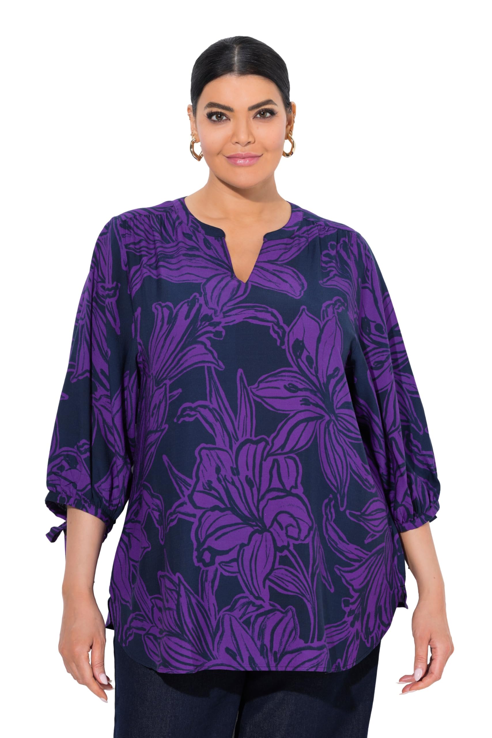 Ulla Popken Damen große Größen Übergrößen Plus Size Tunika, Blüten, A-Linie, 3/4-Arm 827837