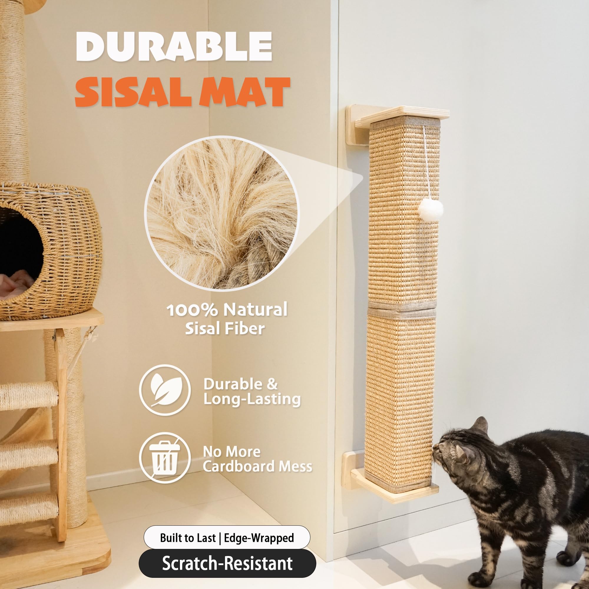 PETKARAY Poste rascador montado en la pared, poste rascador de sisal de 30 pulgadas para gatos de interior, rascador cuadrado para gatos con bola de juguete, almohadilla grande para rascar sisal