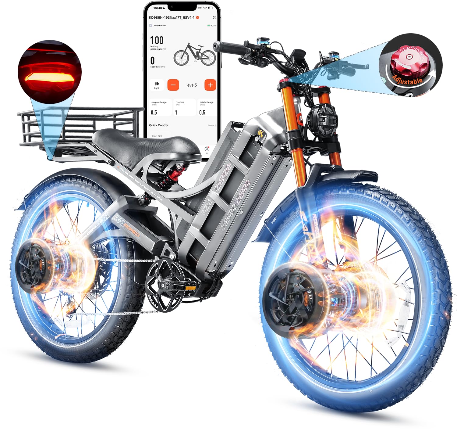 eAhora 2025 Romeo Pro 3/ Pro 2 5600W/ 4000W 50/46MPH Dual Motor Electric Bike for Adults, 80/70Ah/200+ Miles Long Range Electric Bike, 26'' Puncture-Proof Tire, 7-Speed Pedal Assist UL Certificate
