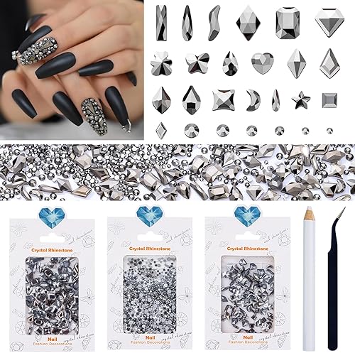 Juego de 950 diamantes de imitación negros para arte de uñas, gemas y dijes de uñas color negro mineral, 200 piezas de diamantes de imitación de