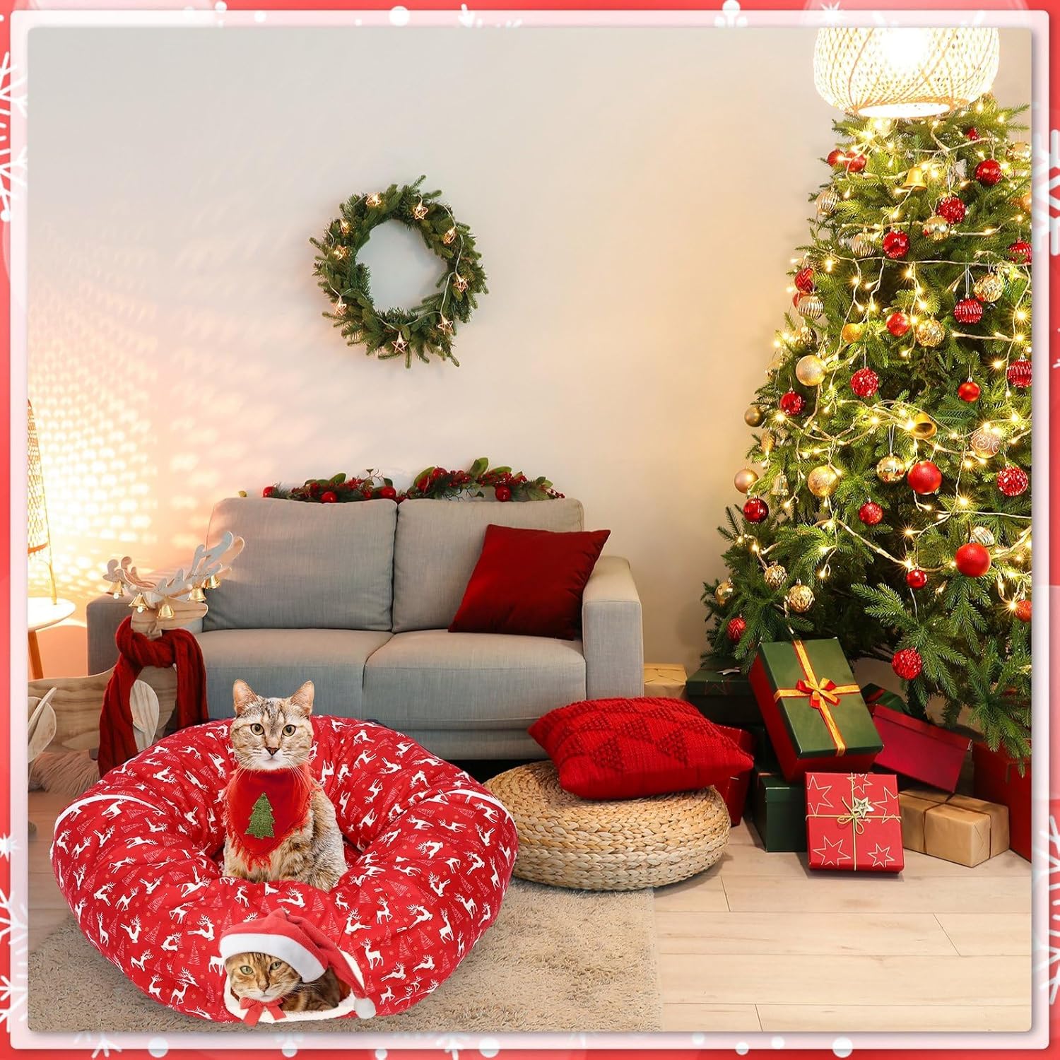 Cat Tunnel Christmas Tree Skirt Cat Bed Indoor 3 ft x 3 ft x 10 Inch Kitten Donut Tunnel with Ball Peekaboo Cave Pet Bed Round Hideaway Holiday Cave Circle Pets Gift(Elk)